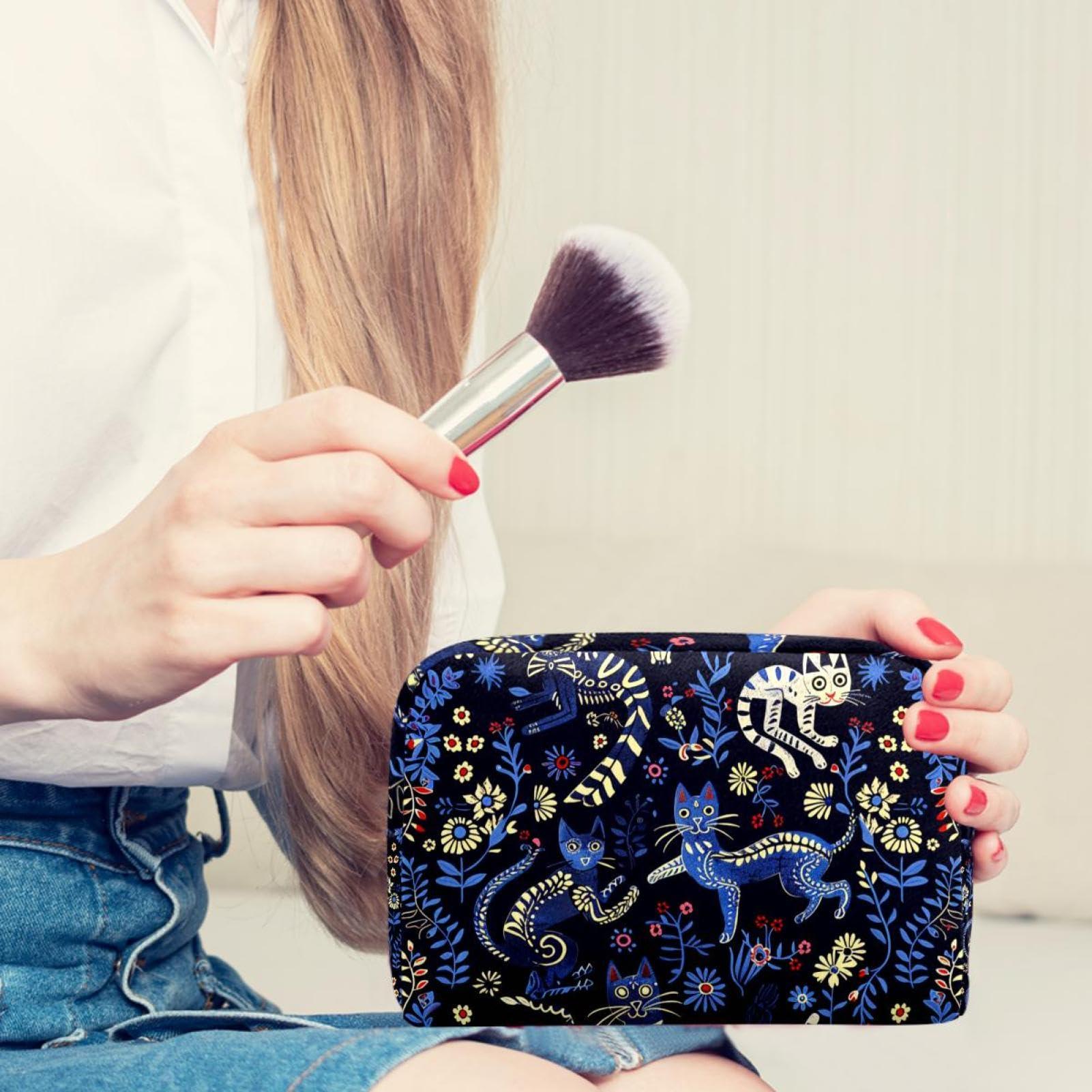 WOSHJIUK WOSHJIUK Makeup Bag Small,Makeup Travel Bag,Cat Skeleton Flower Skull,Makeup Organizer Bag