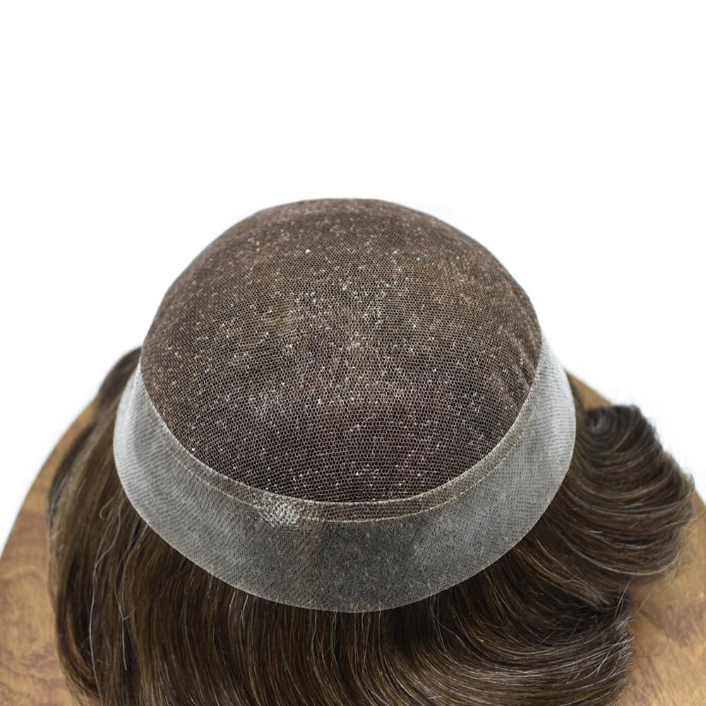 DR Hair Men Hair System Swiss Lace Mens Toupee Real Human Hair Piece For Men Hair Replacement System For Men Toupee For Men Hair Piece For Men 8x10 Medium light density #330 3# DARK BROWN+30% GREY