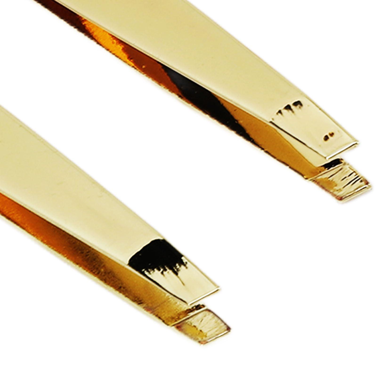 TITA-DONG 2pcs Slant Pointed Tweezer with Comb, Stainless Steel Eyebrow Tweezer Set, High Hardness Double Headed Tweezer Comb, Professional Eyebrow Trimming Tool for Women Facial, Golden