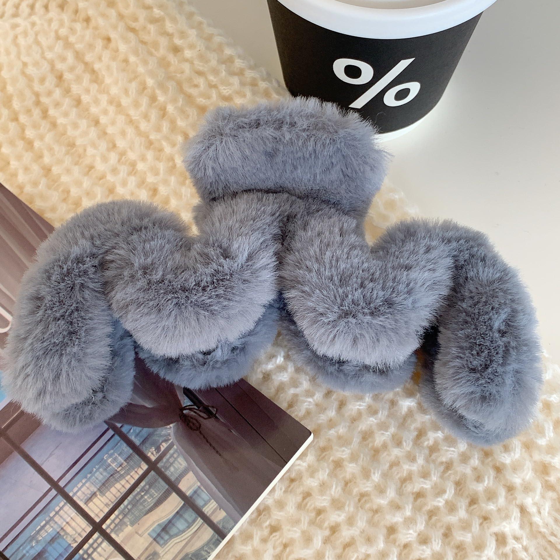 BIECWIAY Cute Furry Claw Clips for Curly Hair Elegant Fluffy Plush Faux Fur Large Hair Clip For Thin Long Hair Non-Slip for Women and Girls