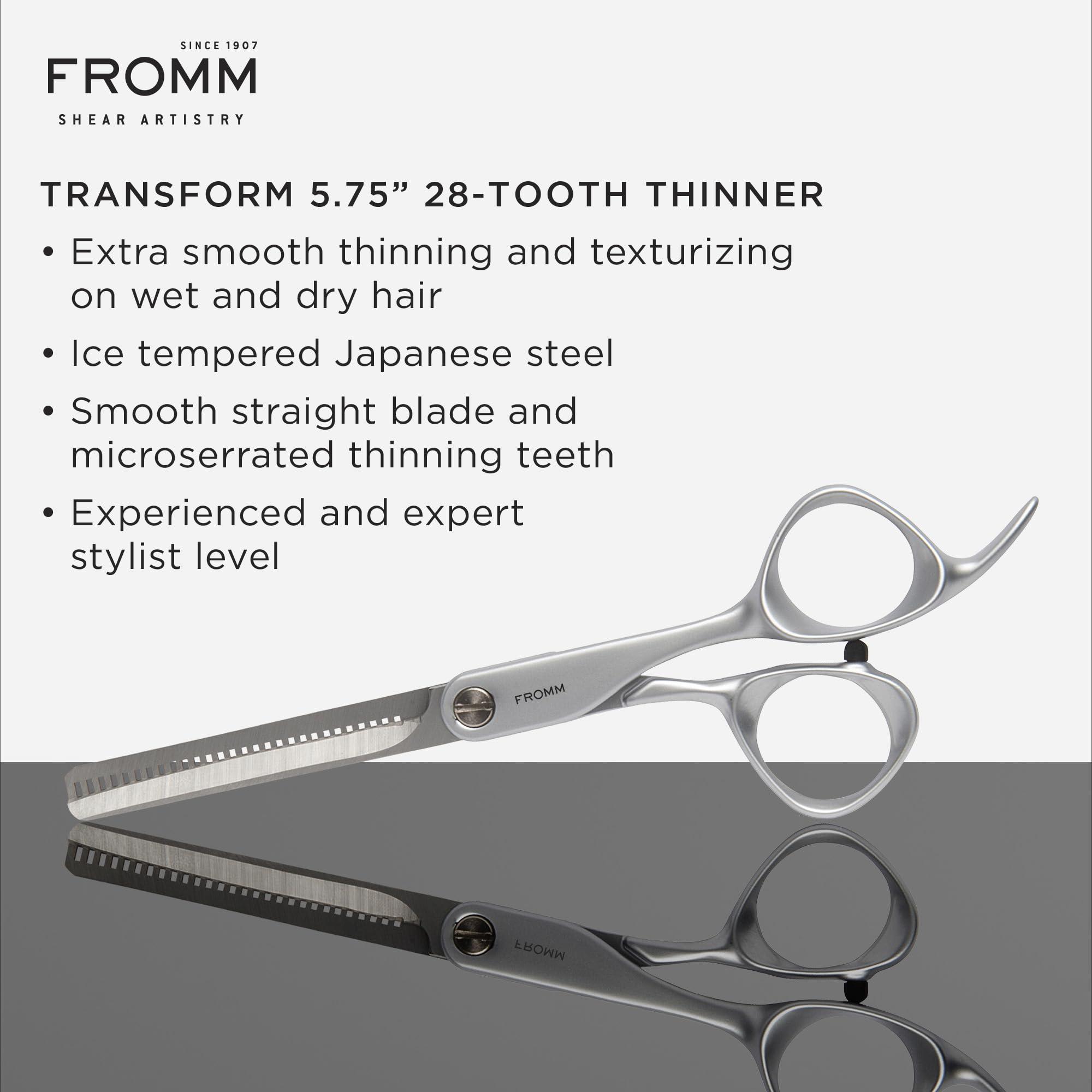 Fromm Fromm Transform 5.75\" 28 Tooth Thinning Shears for Haircutting Wet and Dry Hair, Polished Silver Japanese Steel Scissors with Beveled Blades and Microserrated Thinning Teeth