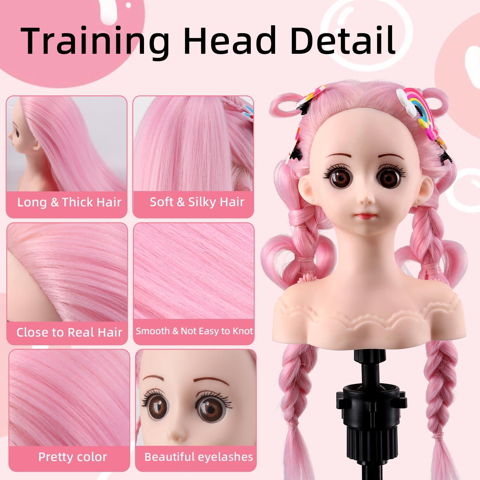 Anstar Anstar Hair Styling Doll Head for Girls Styling Head for Kids Mannequin Head with Pink Hair Doll Head for Hair Styling Braiding Cosmetology Manikin Head with Clamp Holder and Tools