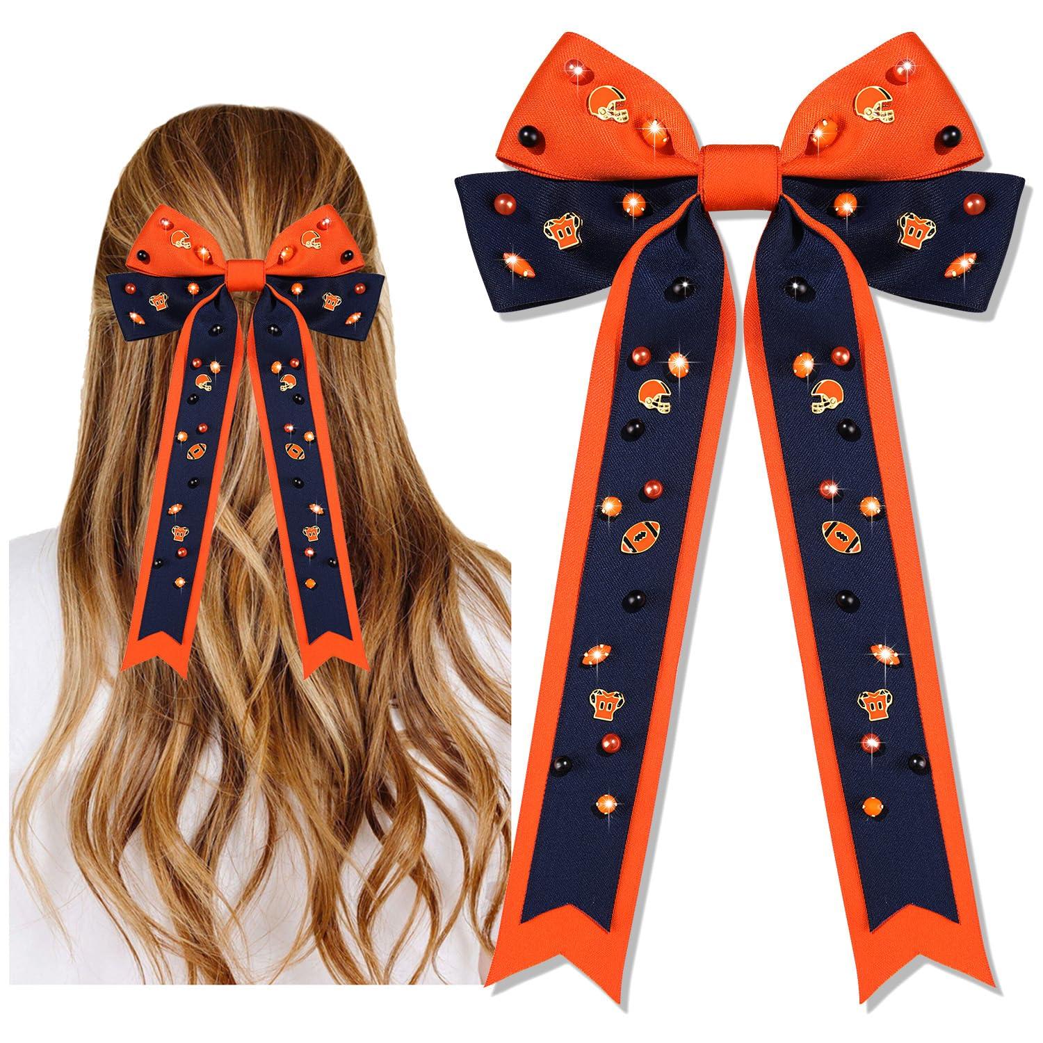 mokkia Game Day Hair Bows for Women Football Hair Bows Clips Silky Satin Sport Race Game Day Hair Ribbons Game Day Football Accessories Outfits Orange Spirit Day Accessories Gifts (Pattern F)