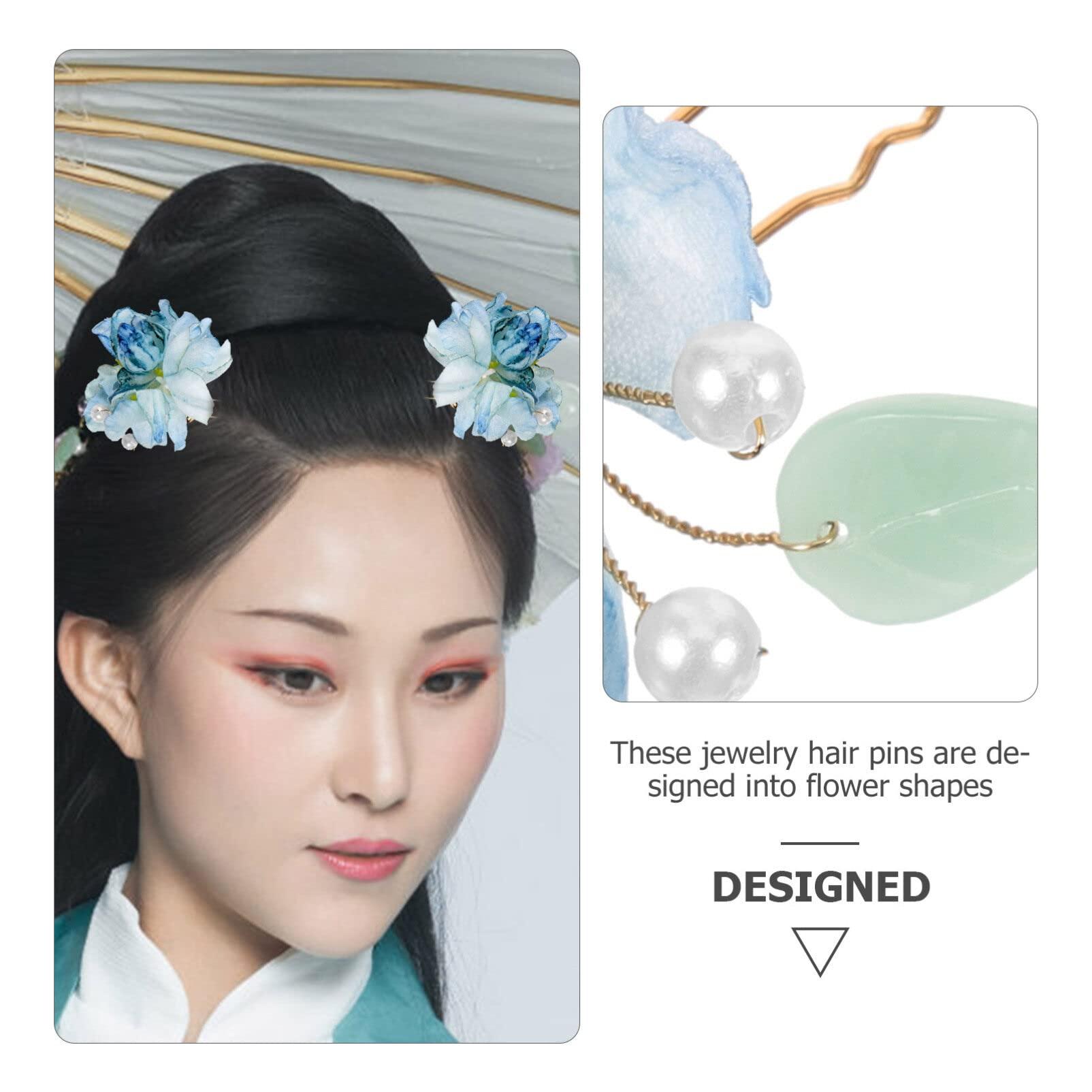 USHOBE 2pcs Piece Blue Flower Hair Fork Pearl Headpiece Blue Hair Pins Hair Pearls Floral Hair Pins Wedding Hair Accessories for Brides Wedding Hair Clip Floral Hair Accessories