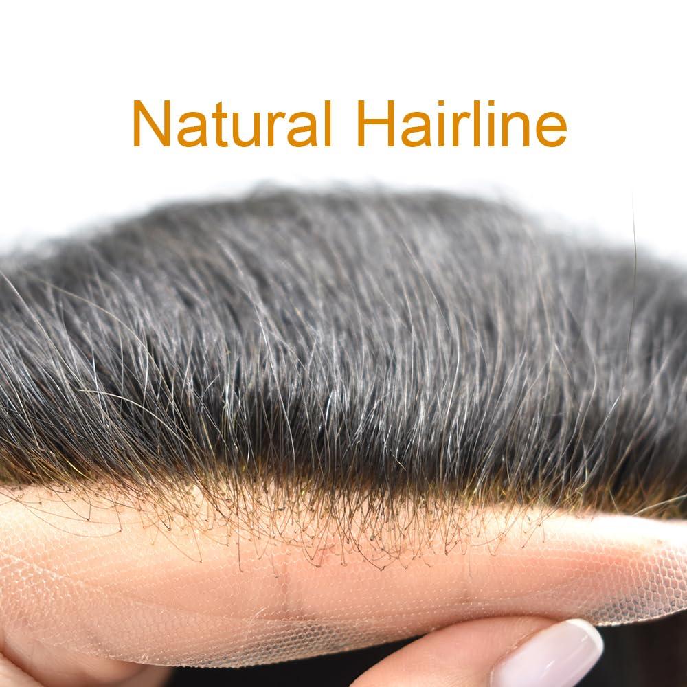 Hair Wonders Fine Mono Mens Toupee Real Human Hair French Lace Frent Toupee For Men Bleached Knots Natural Hairline Hand Tied Men Hair Replacement System Durable Fine Mono Human Hair Toupee Men Hairpieces (8\'\'X10\'\', #1B30 #1B Off Black + 30% Grey-120% Light M