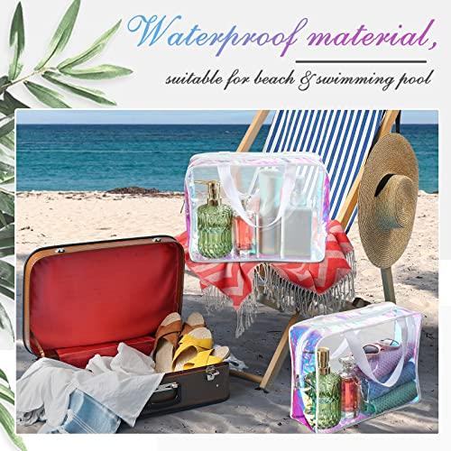 Sweetude Sweetude 10 Pcs Large Clear Toiletry Bag Large Capacity Travel Makeup Bag PVC Clear Plastic Tote Bag Iridescent Cosmetic Bag Cosmetic Clothes Organizer Bag for Women Men