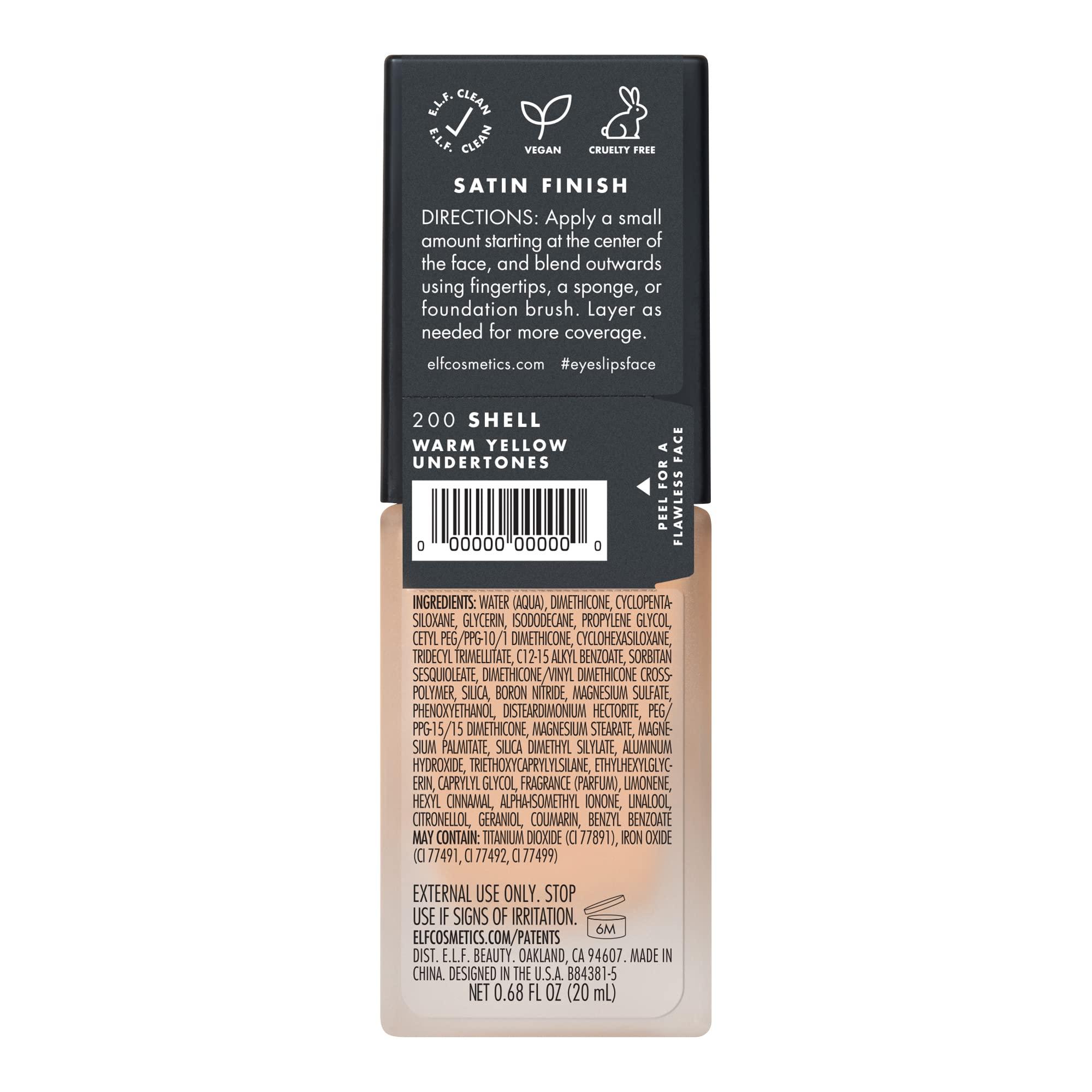 e.l.f. e.l.f. Flawless Satin Foundation, Lightweight & Medium Coverage, Semi-Matte Finish, Vegan & Cruelty-Free, Shell, 0.68 Fl Oz (20mL)