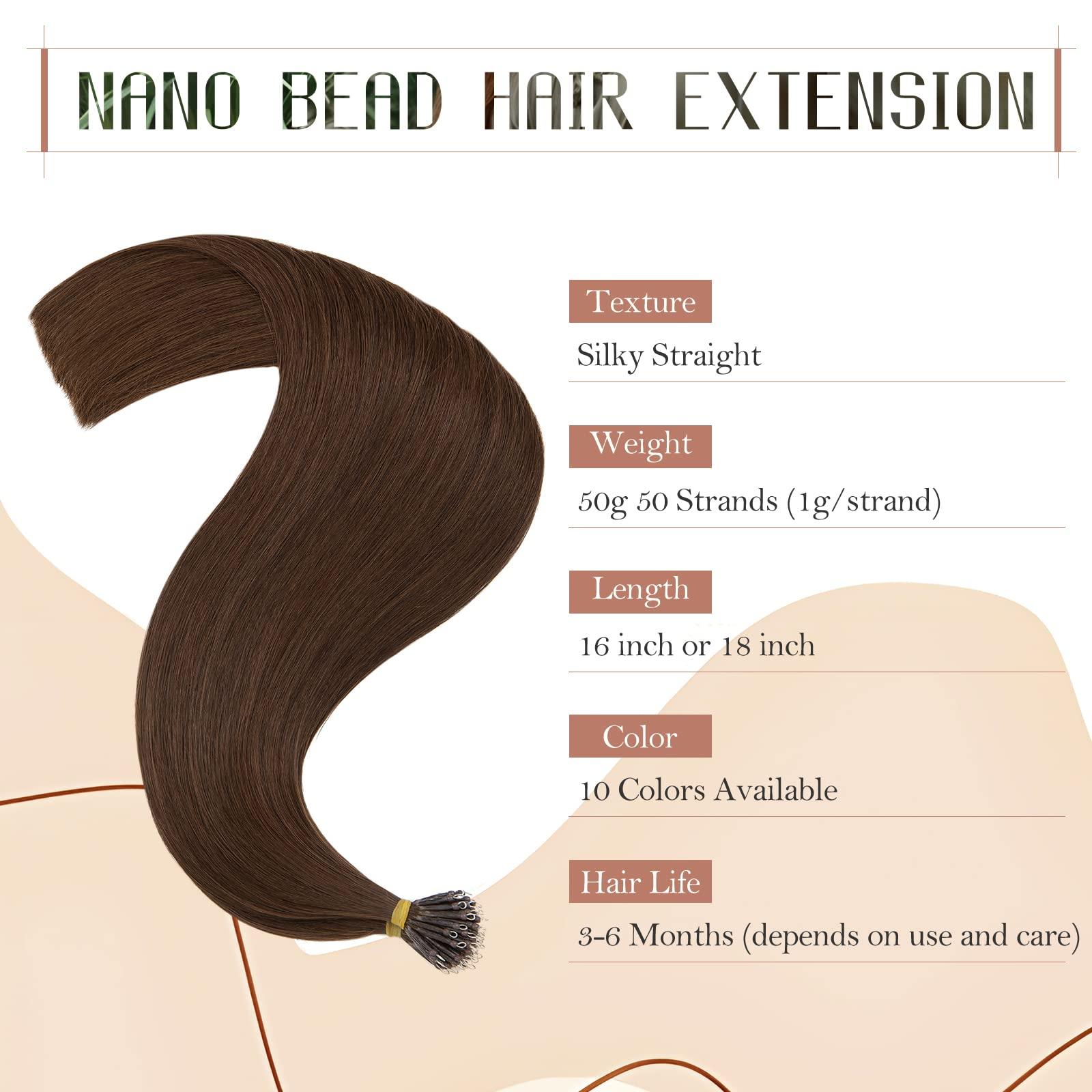 TESSHAIR Nano Bead Hair Extensions Human Hair 20 Inch Nano Ring Hair Extension 100% Real Human Hair, Natural Can be Washed Curled Dyed Permed, 50 Strands 50g #04 Medium Brown