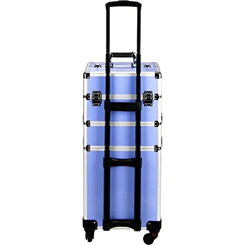 Ver Beauty Ver Beauty 7 in 1 Professional Aluminum Interchangeable Rolling Makeup Train Case Large Capacity Trolley Travel Storage Cosmetic Organizer Portable Extra Lid Sliding Tray VT019 Lavender Stripes
