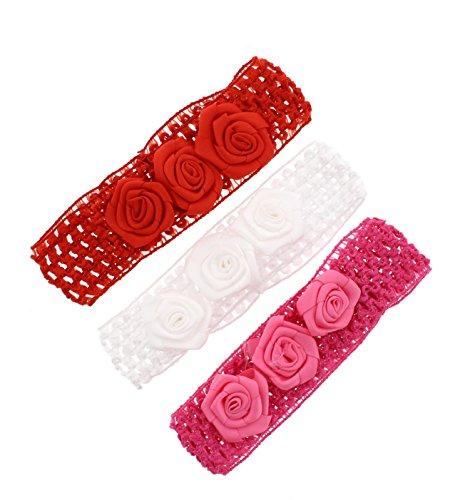 Zac's Alter Ego® Zac's Alter Ego Baby Girl's 3 Assorted Crochet Headbands With Attached Flowers 4Cm Wide Red/Fuchsia Pink/White Triple Roses