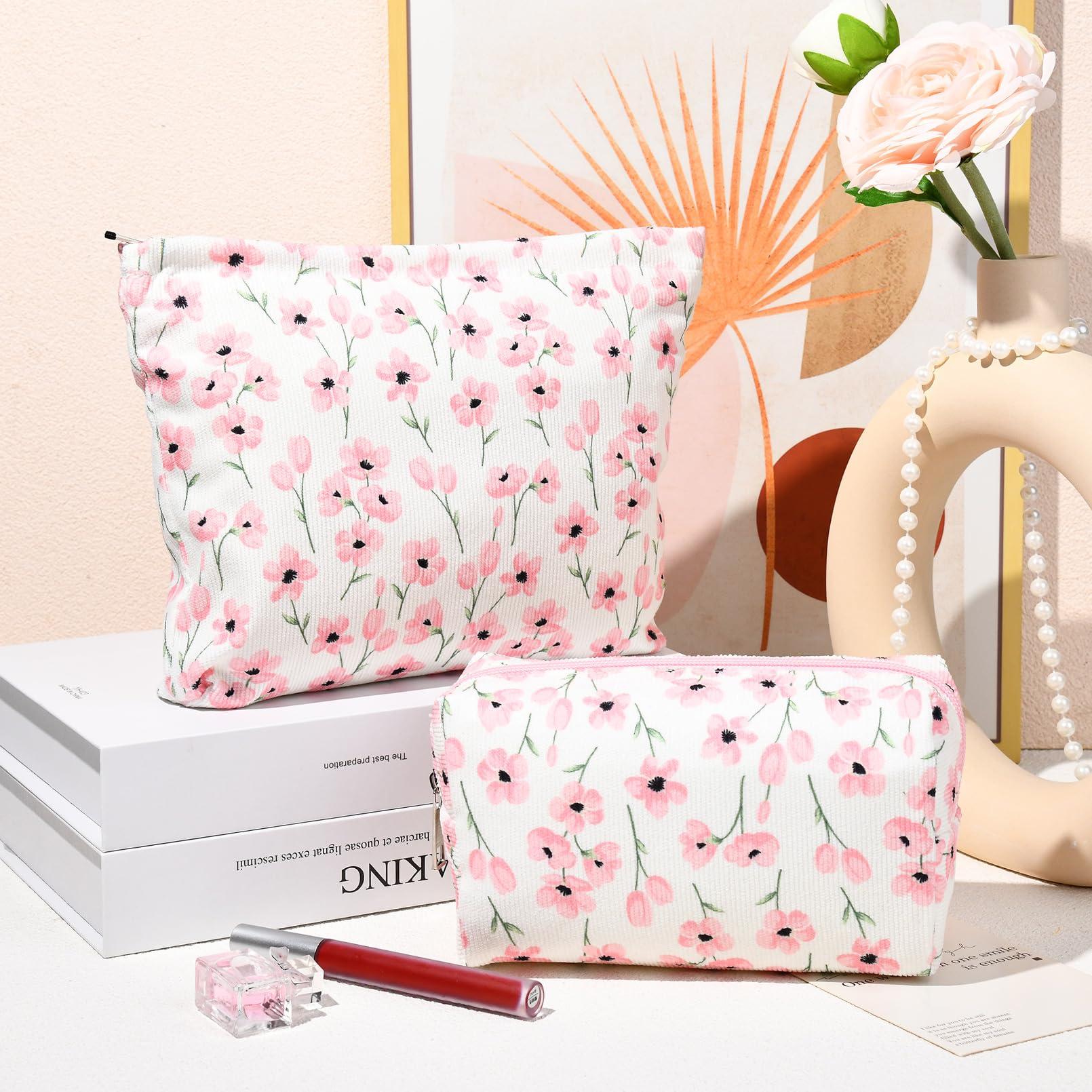 SOIDRAM SOIDRAM 2 Pieces Flower Makeup Bag Large Floral Cosmetic Bag Capacity Canvas Mix Travel Toiletry Bag Organizer Cute Makeup Brushes Aesthetic Accessories Storage Bag for Women, Flower Mix Pink