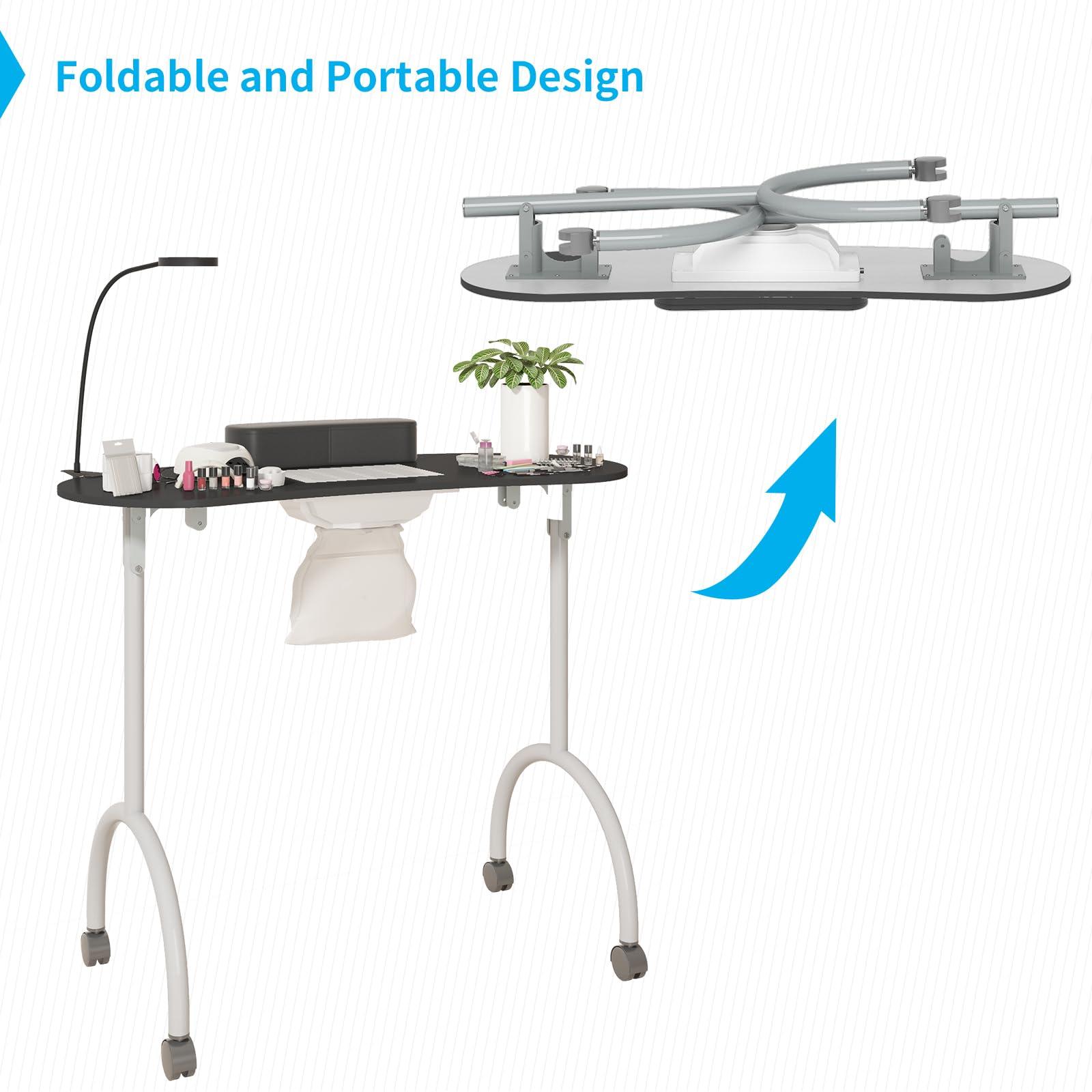 TABU TABU Portable Manicure Nail Table, Foldable Manicure Table with Dust Collector Fan, LED Lamp, 4 Lockable Wheels and Carry Bag, Professional Nail Desk with Wrist Cushion (Black)