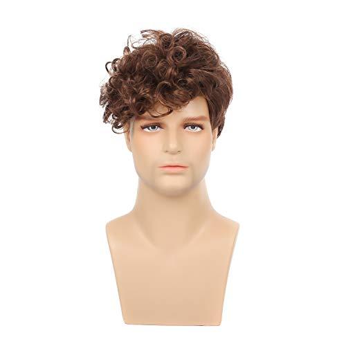 Kaneles Kaneles Mens Brown Wig Short Curly Fluffy Synthetic Halloween Cosplay Hair Wig for Male Guy (Brown)