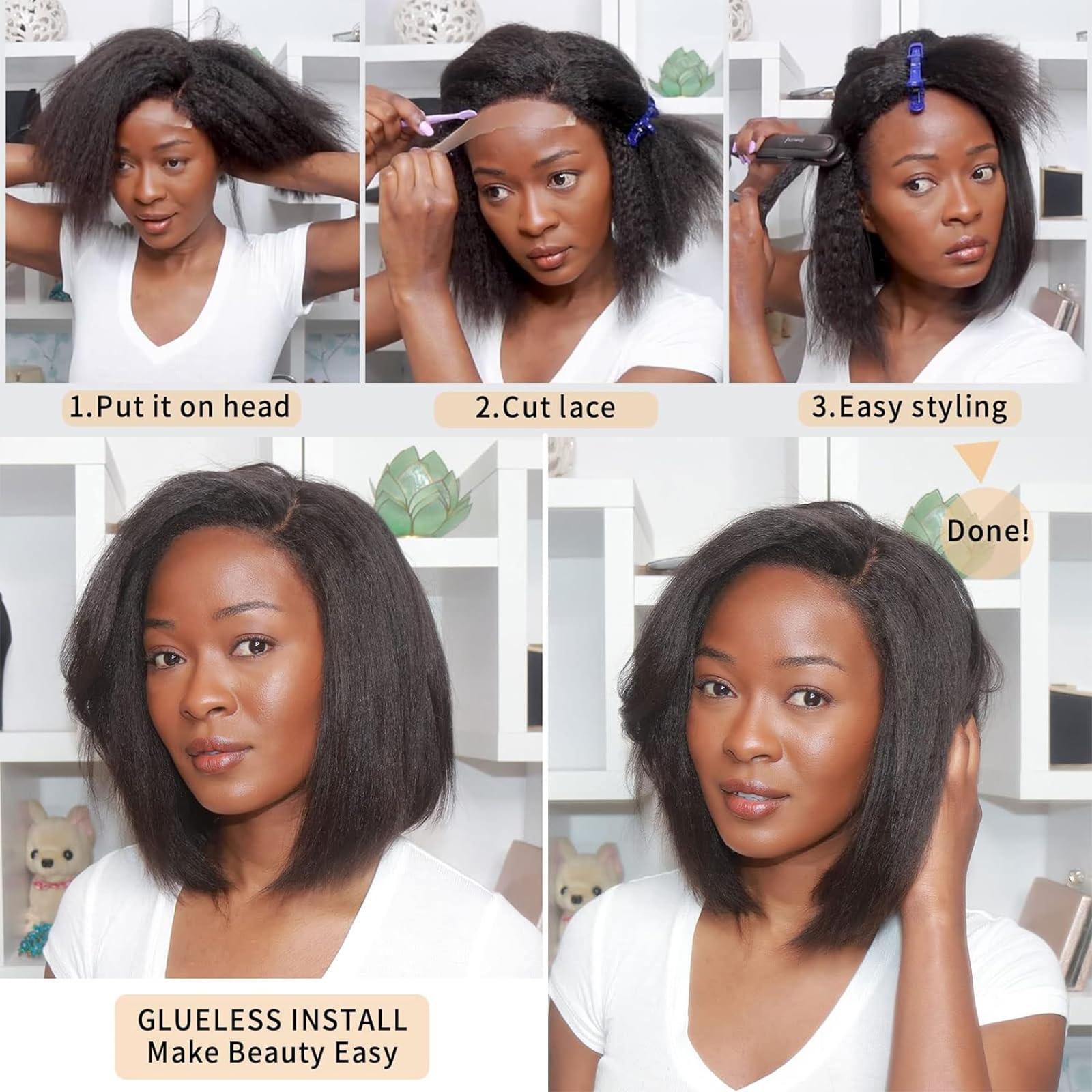 KKU KKU 4C Kinky Edges Lace Front Bob Wig 10Inch Short Kinky Straight Human Hair Wig Glueless Deep Side Parted Lace Bob Wig with Natural Hairline For Women