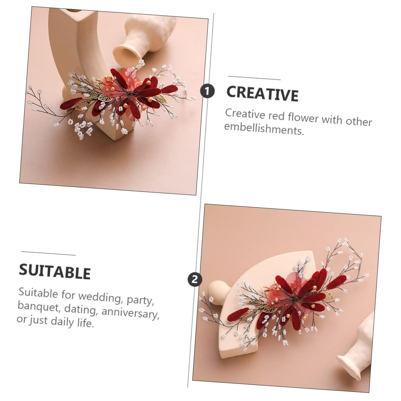 Beatifufu Beatifufu Red Flower Bridal Hair Clip Clip for Hair Floral Hair Clamp Barrette Set