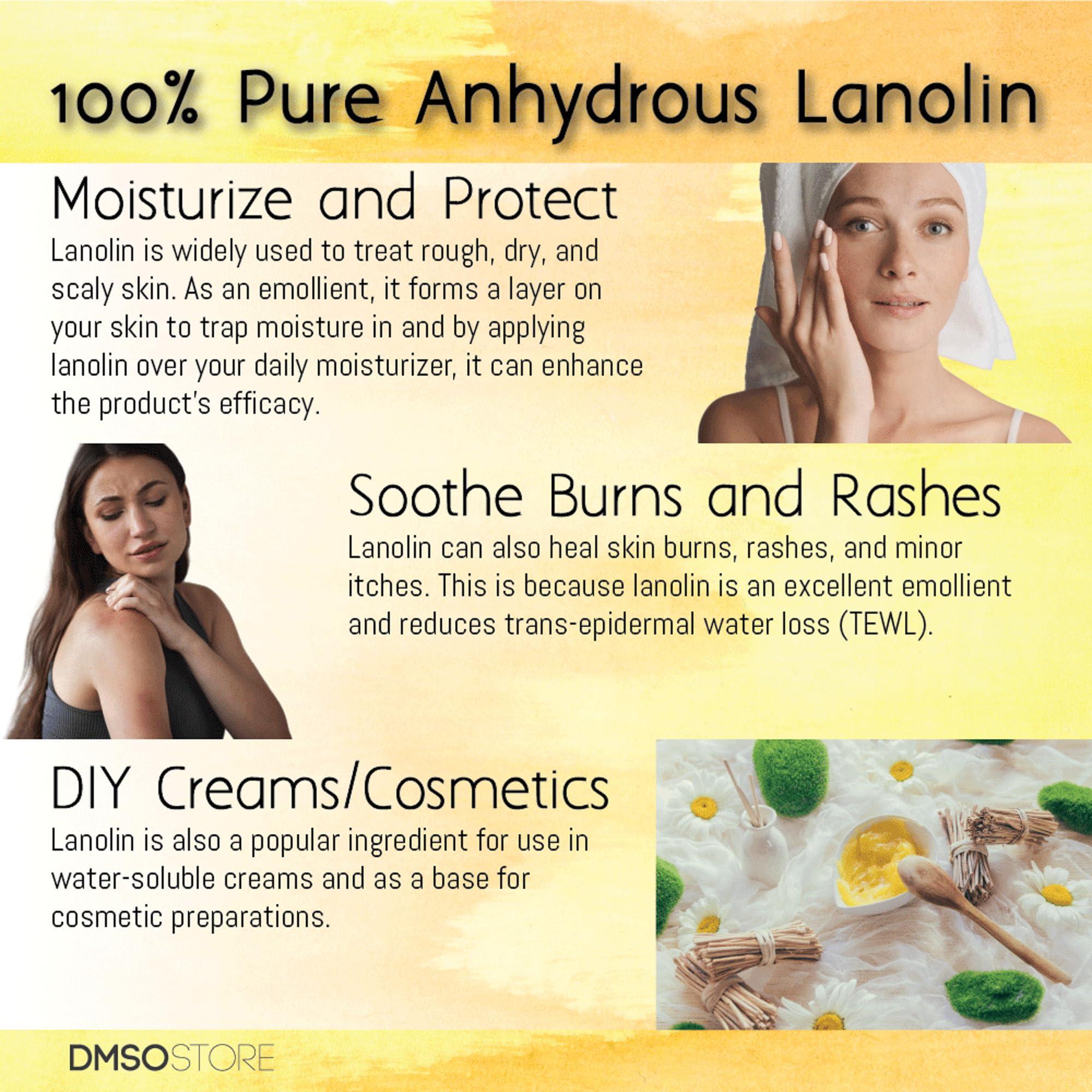 DMSOSTORE Lanolin 1 lb. Pure 100% USP grade. Skin protectorate and moisturizer that delivers deep hydration and nourishment, excellent as a nipple cream. Made by DMSO Store