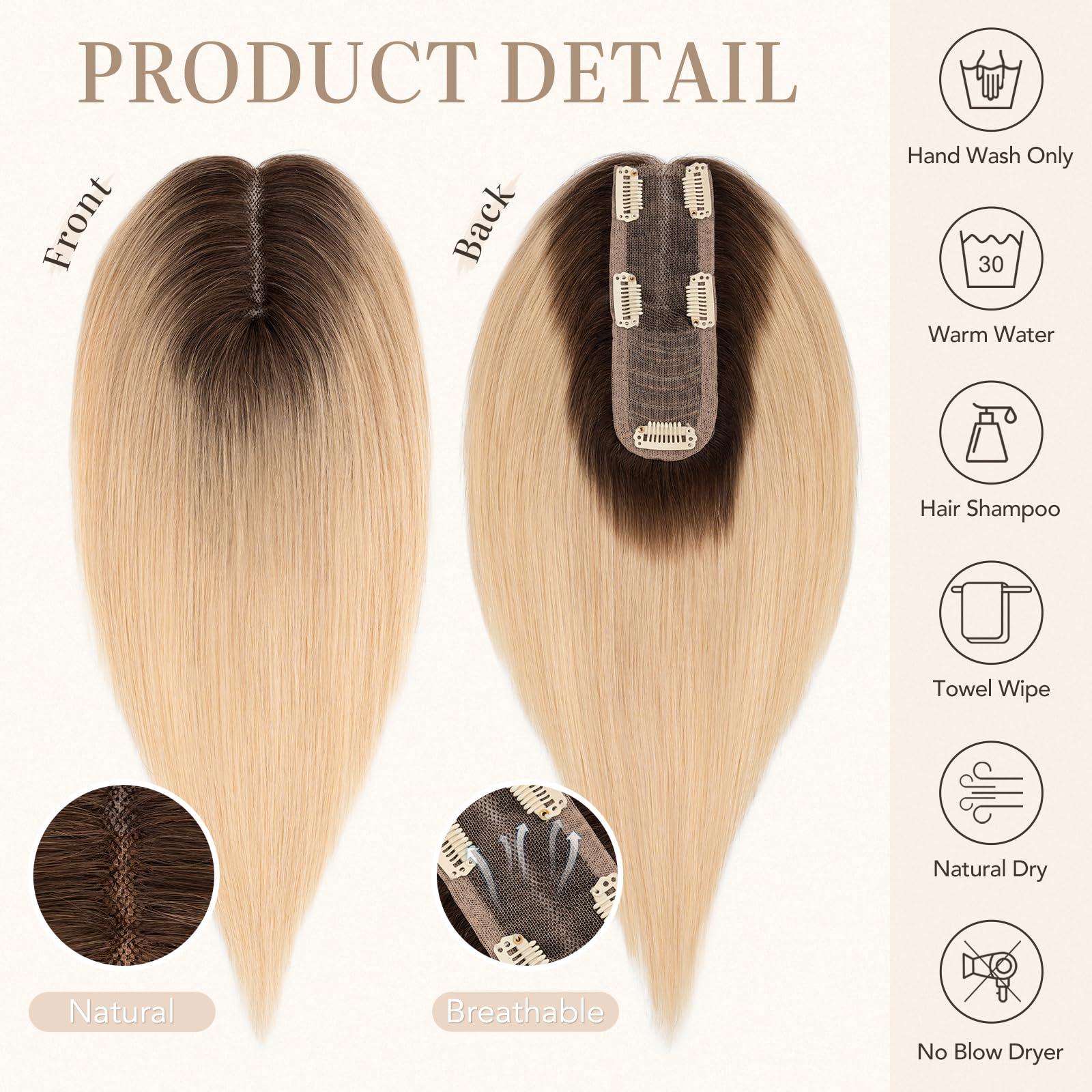 Hairro Hairro Hair Toppers For Women Real Human Hair Top Hair Pieces For Thinning Hair Short Topper Hairpiece Remy Toupee On Top 10 Inches 36g #JLT613 Medium Brown Ombre to Bleach Blonde