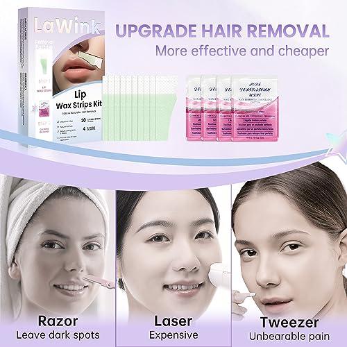 LaWink LaWink Lip Wax Strips Kit Cold Wax Strips Facial Hair Removal 20 Strips 4 Calming Oil Wipes for Sensitive Skin Types Women