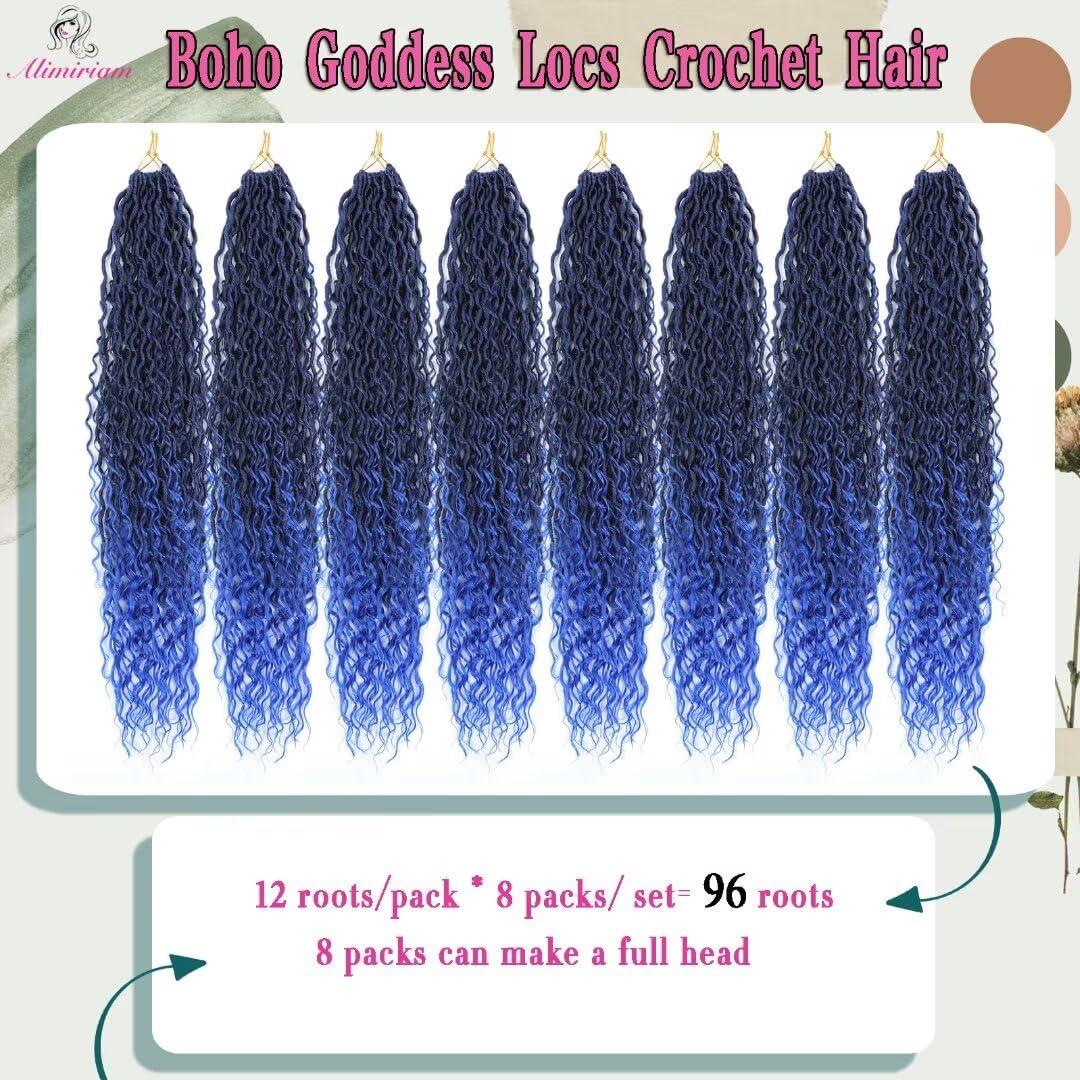 Alimiriam Long Goddess Locs Crochet Hair 8Packs 30inch Ombre Blue River Curls Crochet Hair Boho Faux Locs Wavy Crochet Curly Hair with Curly Ends Synthetic Hair Extensions(30\" 8Packs T1B/blue#)