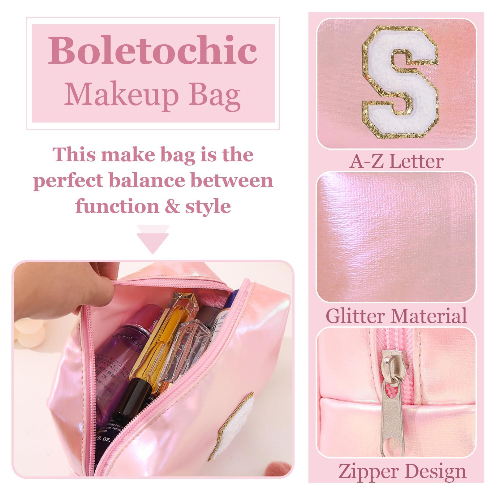 Boletochic Personalized Initial Makeup Bag, Letter Zipper Cosmetic Bag for Womens, Preppy Makeup Bags, Glitter Waterproof Cute Makeup Pouch, Travel Makeup Bags for Mother\'s Day Birthday GiftsLetter S)