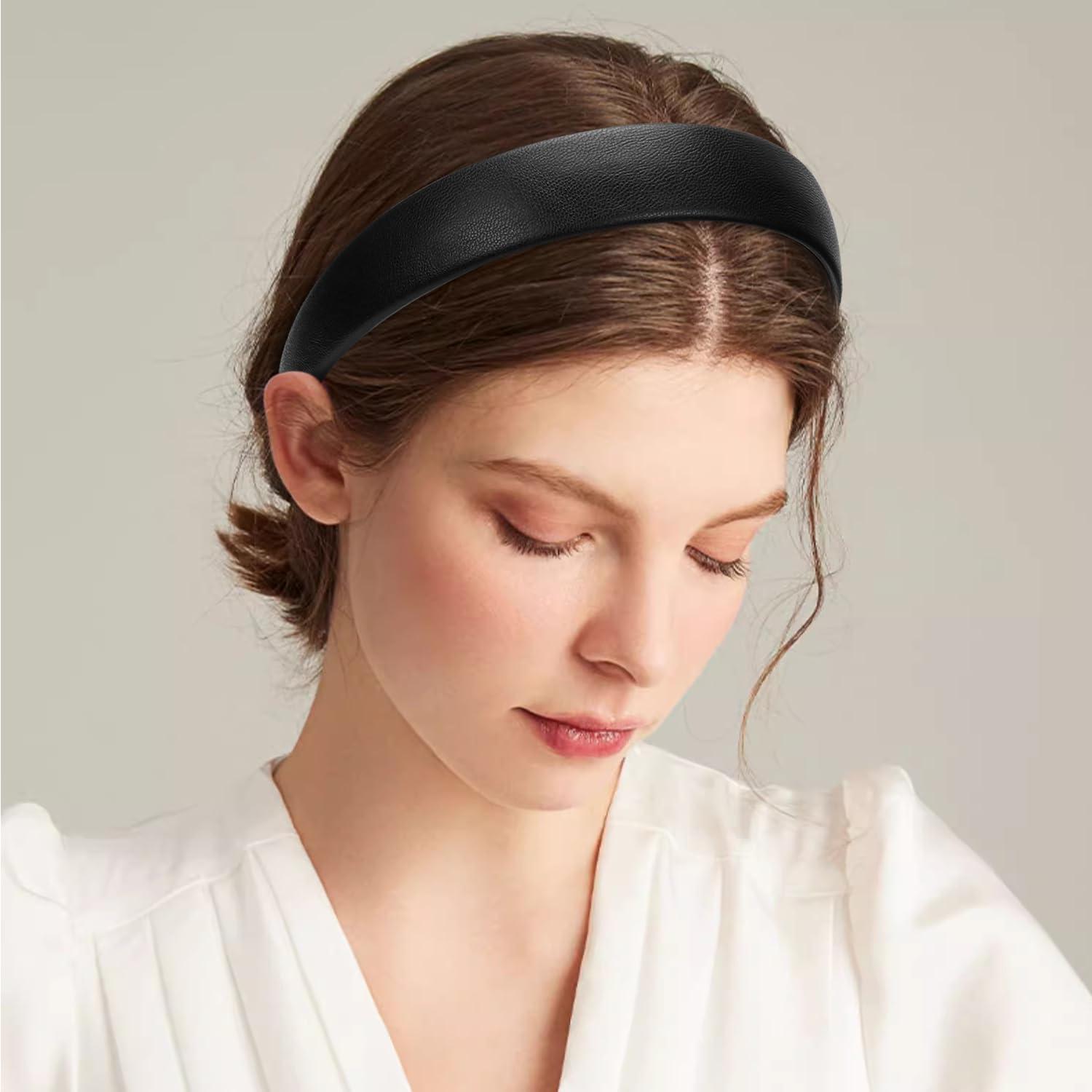 WantGor WantGor 1 Inch PU Leather Headband, Wide Padded Hairband Fashion Hair Bands Cute Womens Headbands Holiday DIY Hair Accessories (Black)
