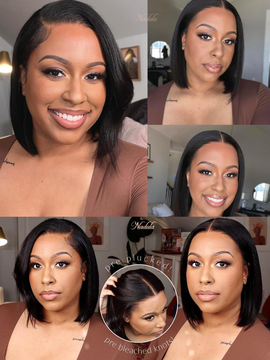 Nadula Nadula Bye Bye Knots Glueless Yaki Straight Bob 7x5 Lace Front Wigs Human Hair Pre Plucked Invisible Knots Pre Everything 3S Ready to Wear Short Yaki Bob Wigs Pre Cut 150% Density 12inch