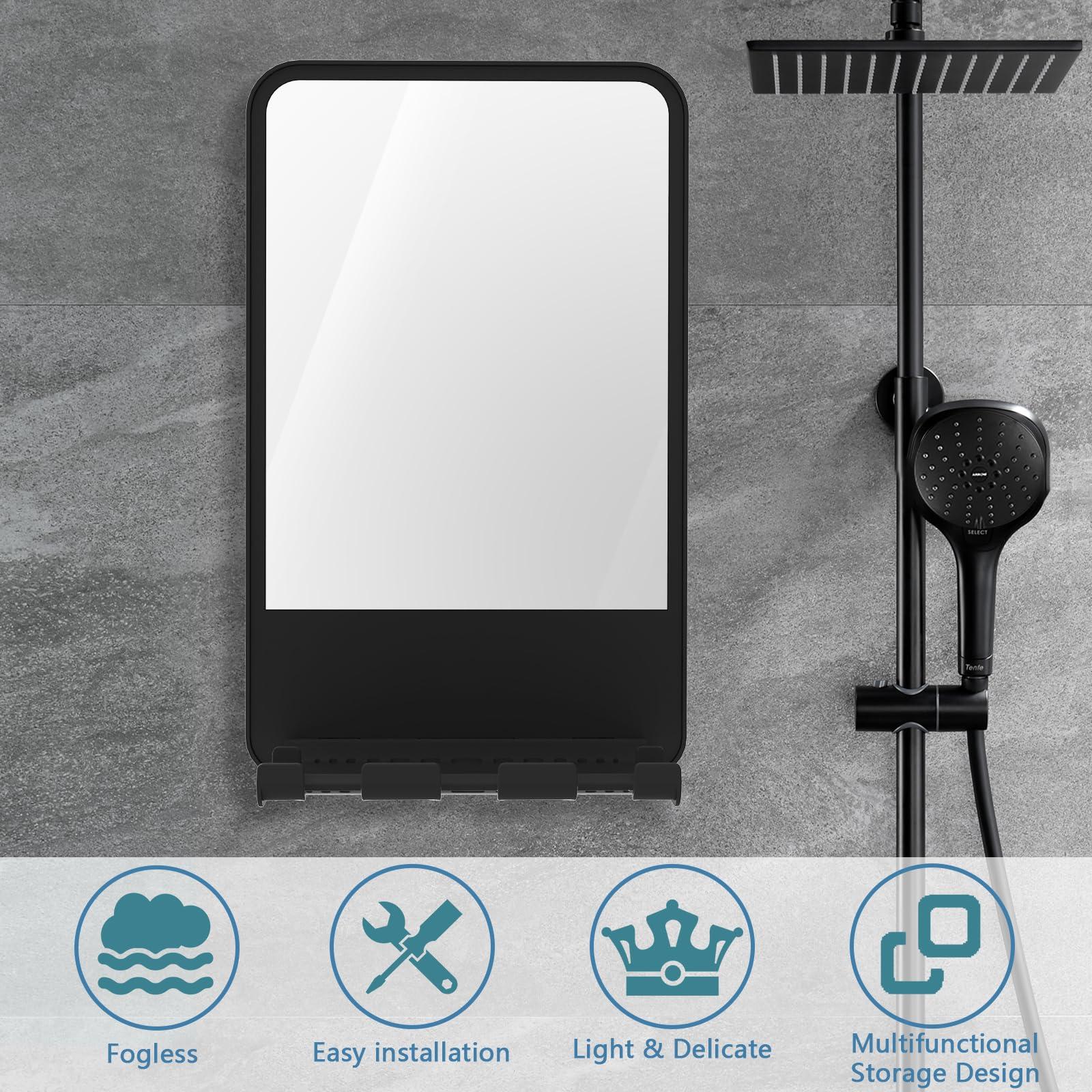 deaunbr Fogless Shower Mirror for Shaving, Anti Fog Mirror for Shower with Multifunctional Storage for Razor and Shaving Foam Canister,Bathroom Mirror for Men and Women