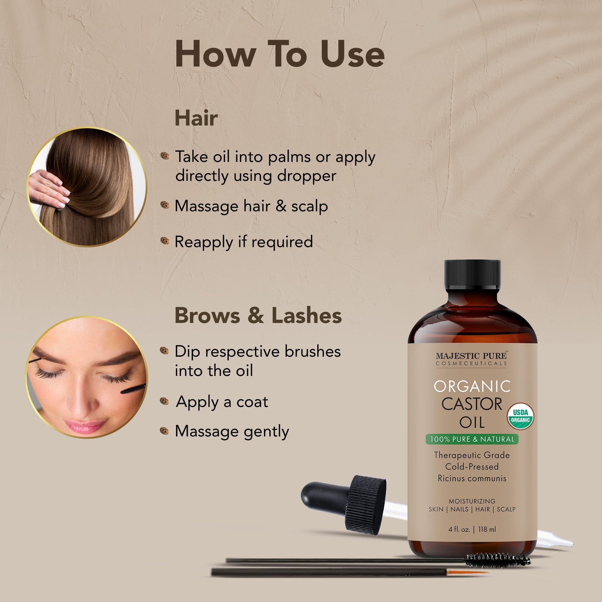 MAJESTIC PURE Majestic Pure USDA Organic Castor Oil | Hexane Free & 100% Pure | Cold Pressed | Stimulate Growth for Hair, Eyelashes, Eyebrows, Nails | Moisturizing & Nourishing | Body, Hair & Carrier Oil | 4 Fl Oz