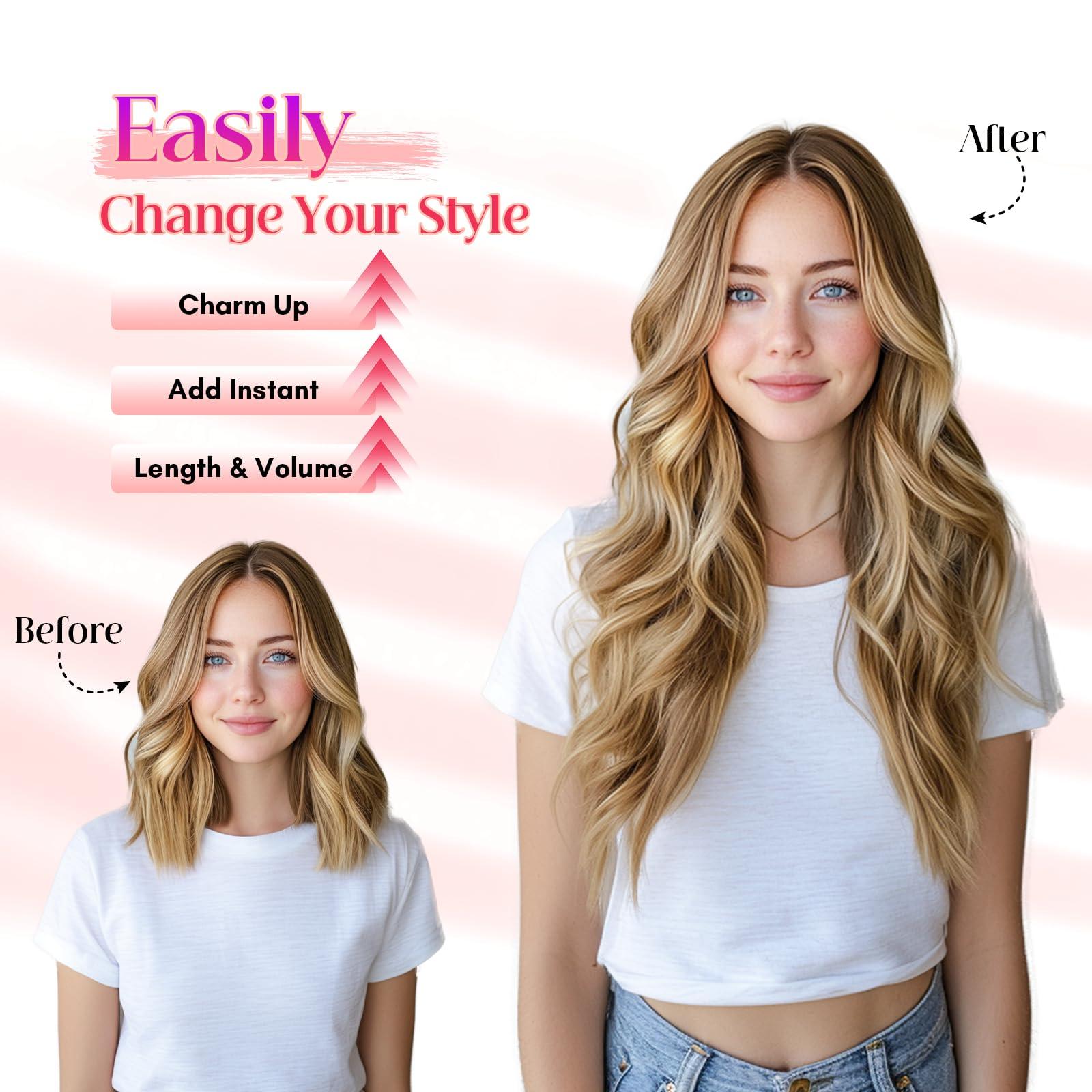 Rich Choices Rich Choices Halo Hair Extensions Real Human Hair Wave Wire In Hair Extensions Human Hair Clip in Human Remy Hair Halo Hair Extension Hair Piece 18 Inch #12P613 Golden Brown Mixed Bleach Blonde