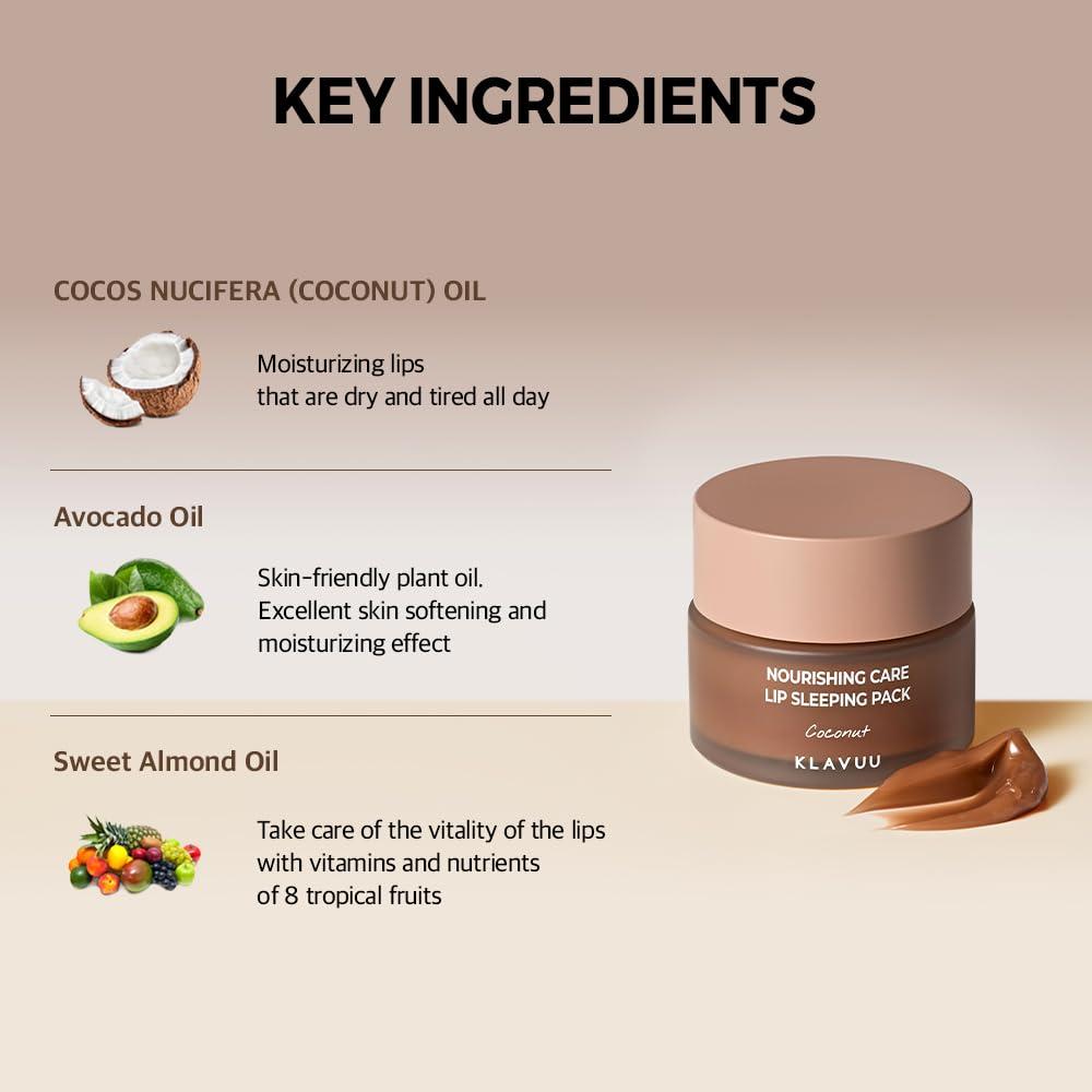 KLAVUU Klavuu Lip Mask Sleeping Pack (0.7oz) Overnight Deep Hydrating Korean Lip Balm Treatment for Very Dry, Chapped Lips | Lip Lightening & Plumping with Instant Hydration | Gentle Exfoliating (Coconut)