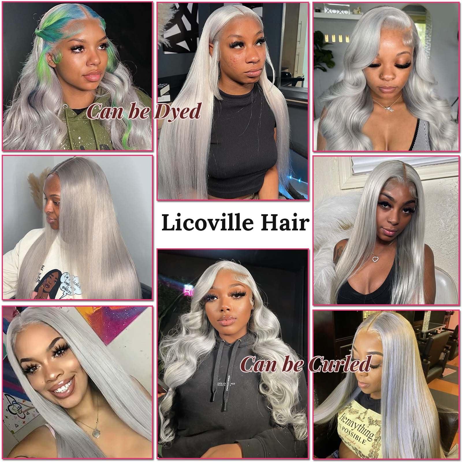 Licoville Grey Human Hair Lace Front Wigs for Women Free Part 13x4 HD Transparent Grey Lace Front Wig Human Hair Pre Plucked Straight Long 28 Inch Gray Lace Front Wigs Human Hair Silver Gray Wig 180% Density