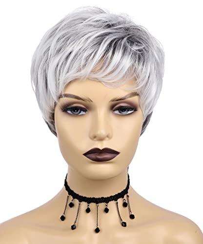 Happy Cherry Happy Cherry Short Hair Wigs with Bangs for White Women Ombre Wigs White Human Hair Wig Fluffy Shag Wig Synthetic Mom Wigs With Cap Comb