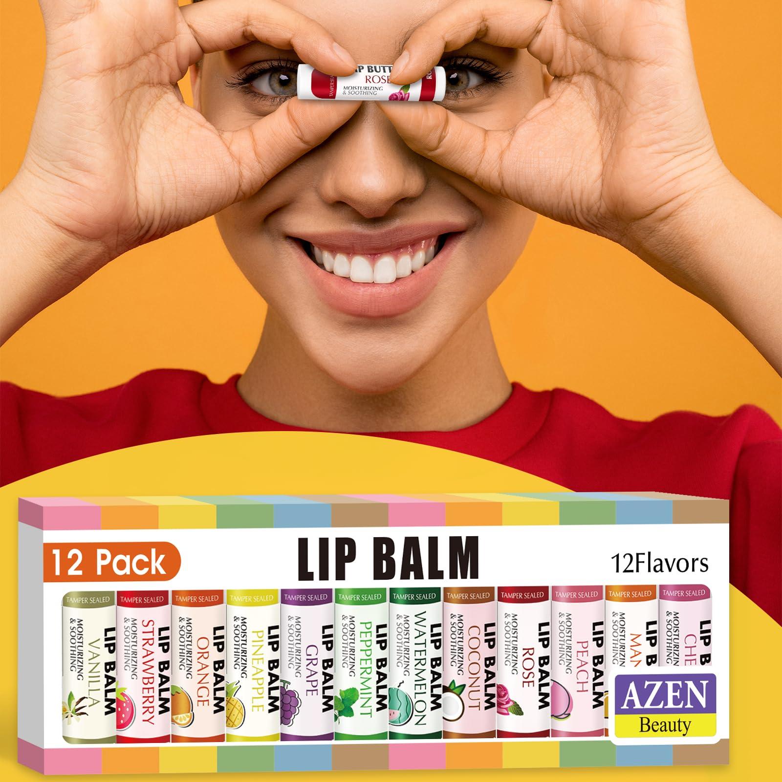AZEN AZEN 12 Pack Lip Balm, Natural Lip Balm Bulk, Lip Care Product, Moisturizing Lip Balm for dry cracked lips - 12 Flavors