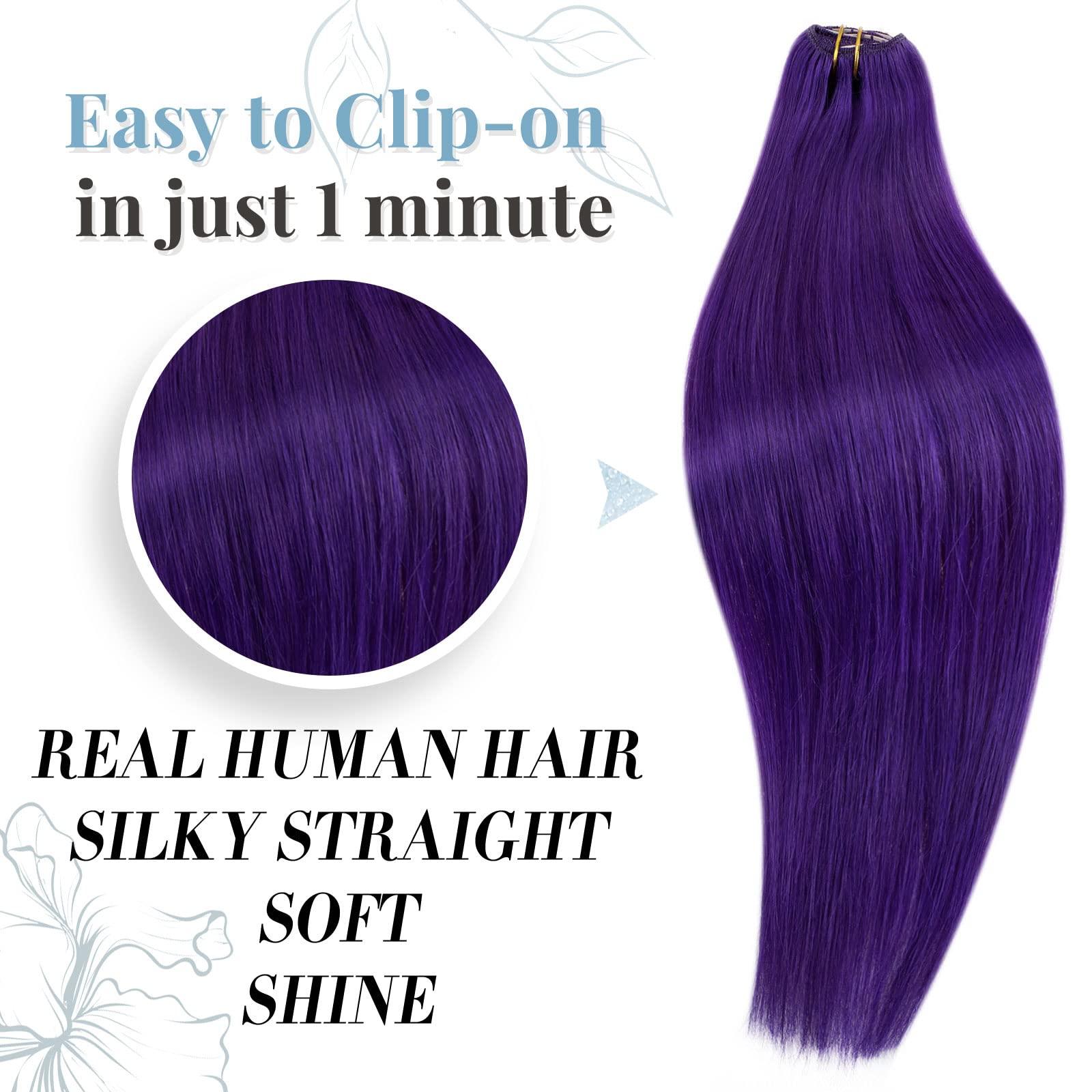RUNATURE Purple Hair Extensions Bundles: Clip in Hair Extensions Real Human Hair Dark Purple 25g/5pcs and 70g/5pcs 18 Inch Full Head Colored Hair Extensions Purple Clip in Extensions