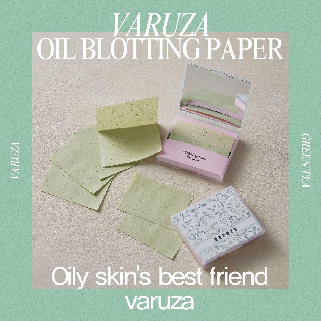 varuza [400 Counts + Mirror Case] Green Tea Natural Oil Blotting Sheets for Face with Mirror Case and Refills