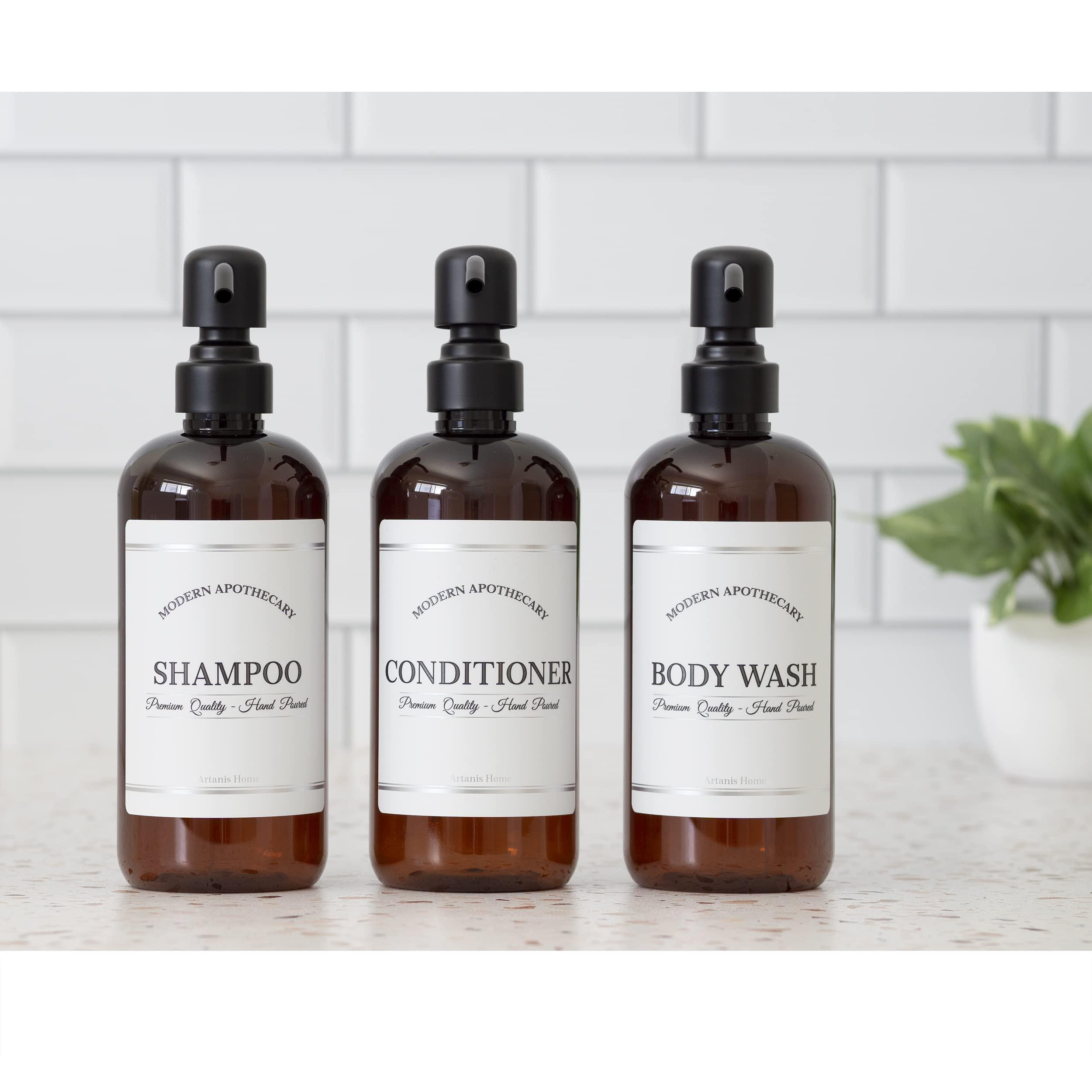 Artanis Home Amber Refillable Shampoo and Conditioner Bottles - Body Wash, Shampoo and Conditioner Dispenser - PET Plastic Shampoo Bottles Refillable with Pump - Waterproof Labels - 16 oz, 3 Pack (Black Satin)