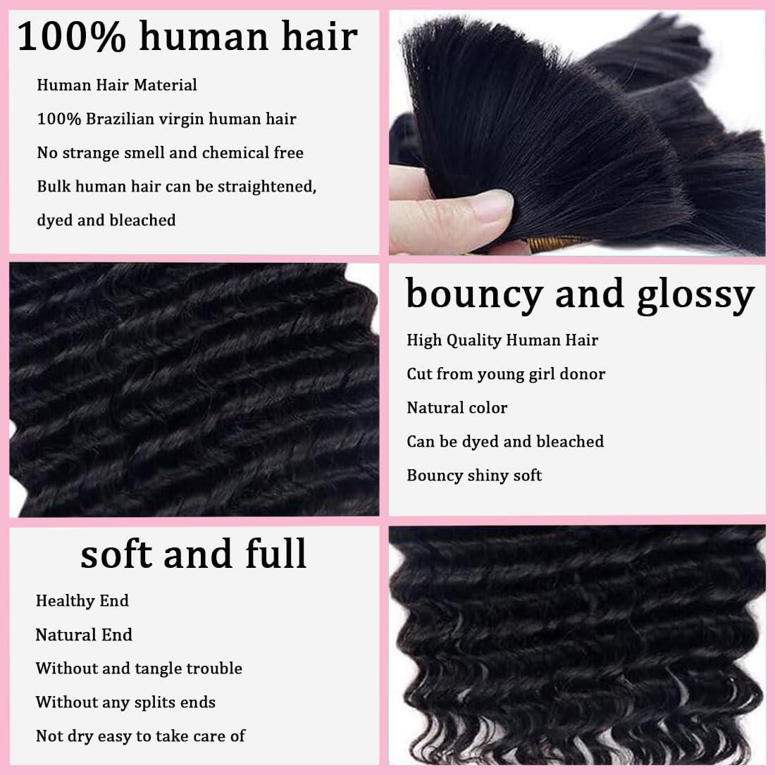 hengya Human Hair for boho Braids 20 Inch 1 Bundles Deep Wave Bulk Human Braiding Hair 10A Brazilian Virgin Human Hair Extensions for Boho Braids Wet and Wavy Human Braiding Hair Black