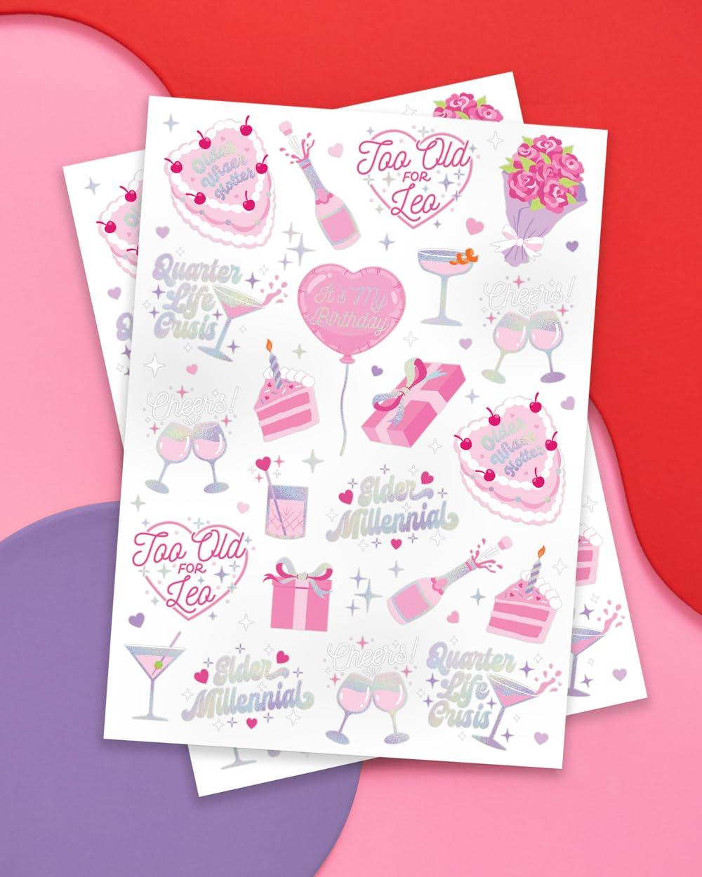 xo, Fetti xo, Fetti Elder Millennial Birthday Temporary Tattoos - 44 iridescent styles | Birthday Party Decorations, Fun Birthday Girl Party Favors, HBD, Older Wiser Hotter, 20s, 30s