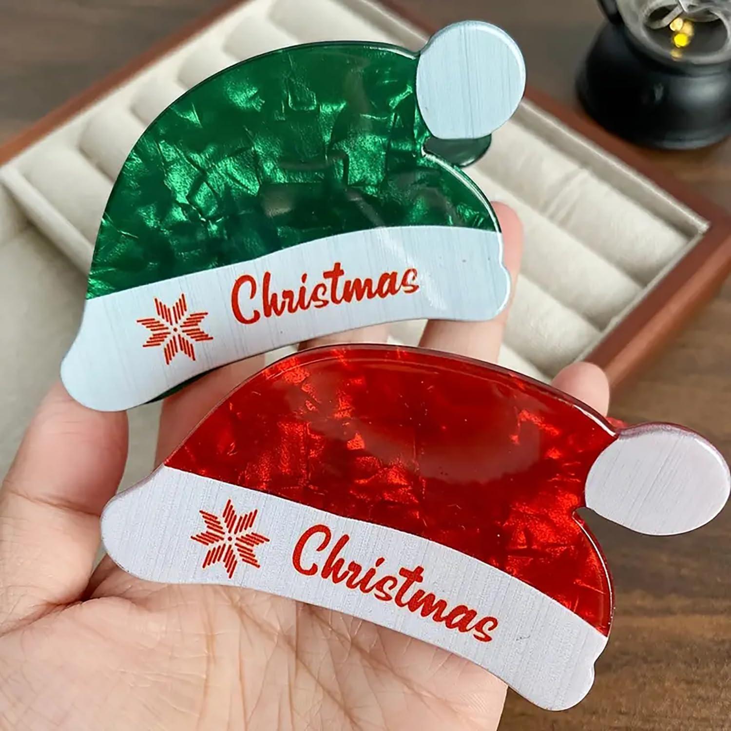 LYLYNB 2Pcs Christmas Hair Claw Clips Red Green Santa Hat Hair Clips Medium Size Nonslip Shark Jaw Clips Christmas Acrylic Hair Clip Cute Hair Accessories for Women Xmas Party Hair Supplies