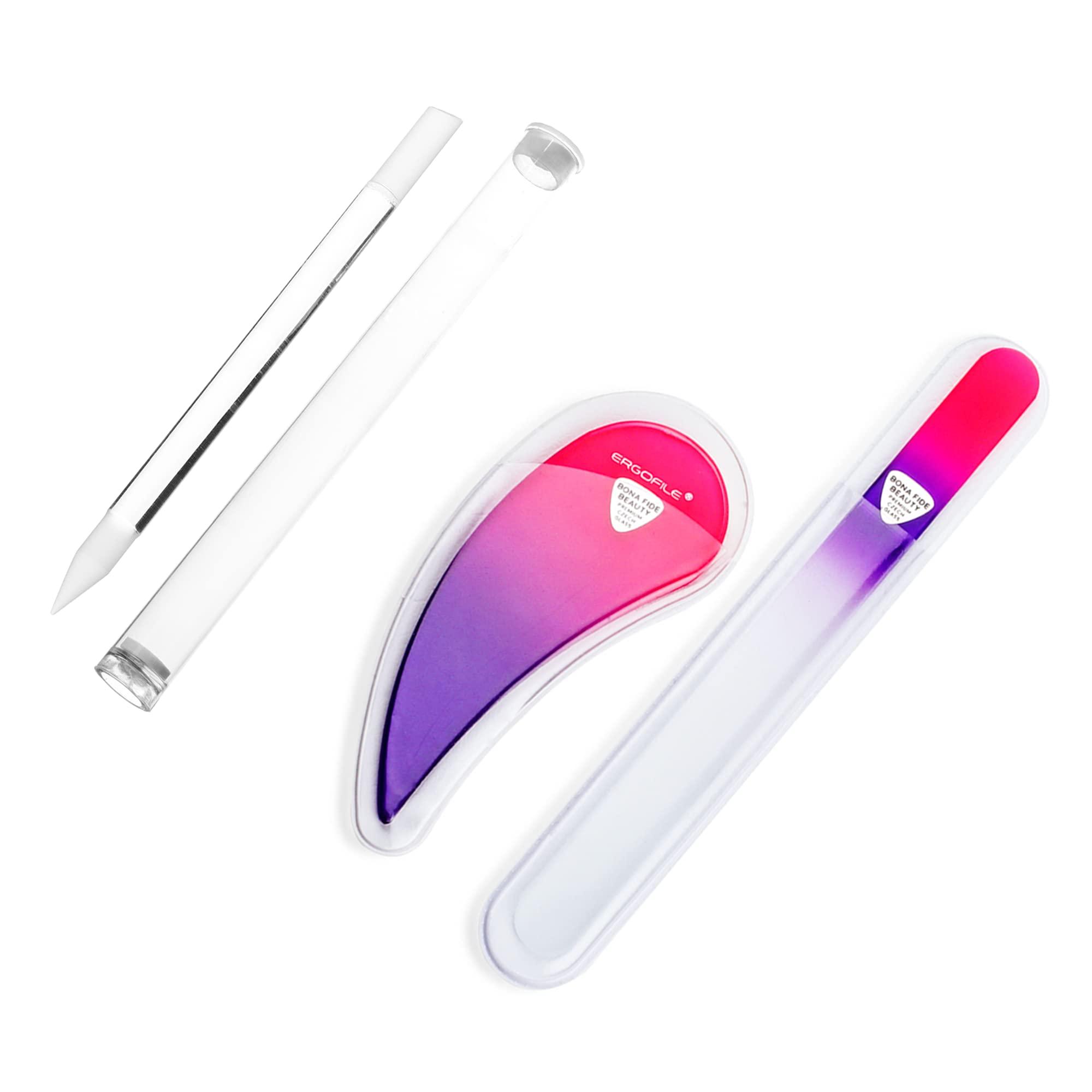 BONA FIDE BEAUTY Glass Nail File Manicure Set, Comfort Grip Ergonomic Drop Ergofile (Pink/Violet) Czech Glass with Glass Cuticle Pusher (Clear), Elegant Gift Nail Care Tools by Bonafide Beauty Genuine Czech Glass