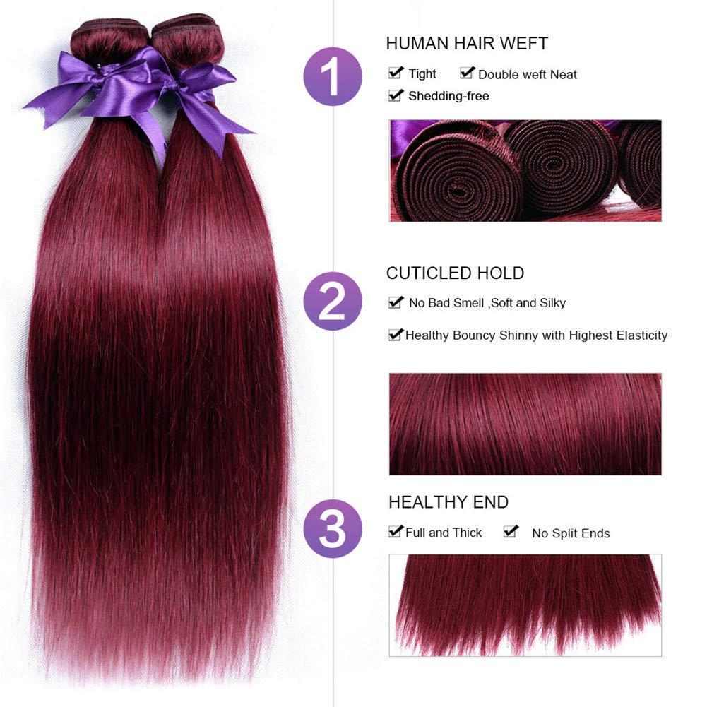 USHUIUS 99J Burgundy Hair Bundles With Closure Human Hair, Wine Red Straight Human Hair Bundles With 4x4 Lace Closure Brazilian Weave Hair Extensions 3 Bundles with Closure (14 16 18+12)