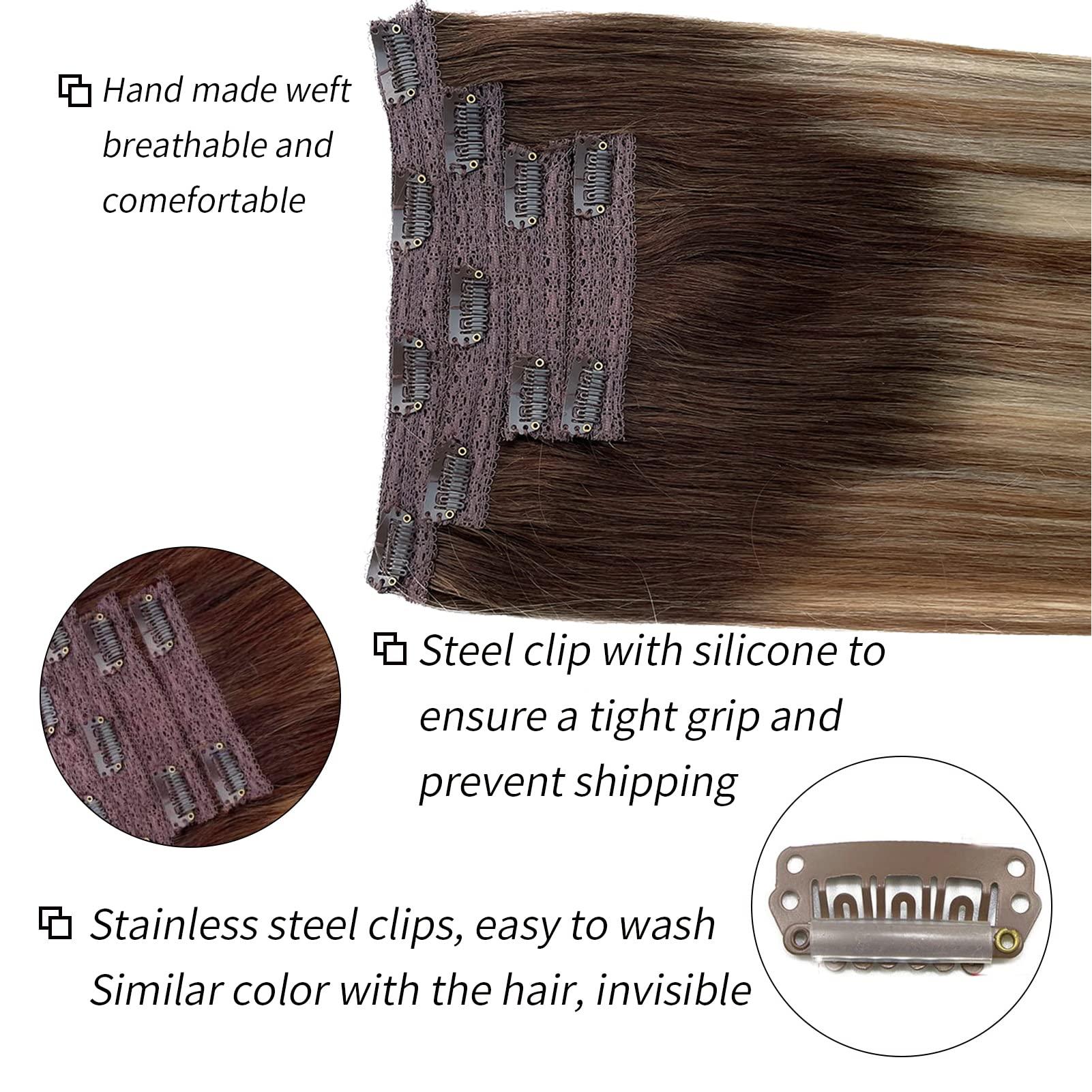 Valiilo Ombre Brown Hair Extensions 4Pcs 100g Clip in Hair Extensions Human Hair Ash Brown with 613 Blonde Highlights Seamless Lace Clip in Hair Extensions Remy Human Hair Extensions 22 Inch #3T8/613