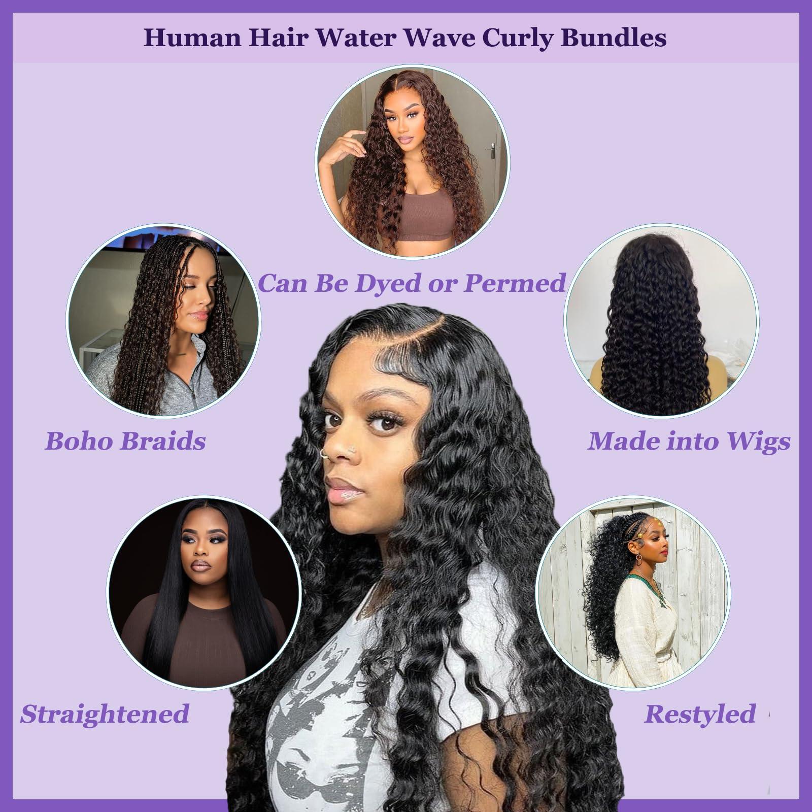 PINJUOO Water Wave Bundles Human Hair 20 22 24 Inch Raw Jerry Curl Human Hair Water Weave Bundles 100% Unprocessed Raw Hair 3 Bundles Natural Color for Women