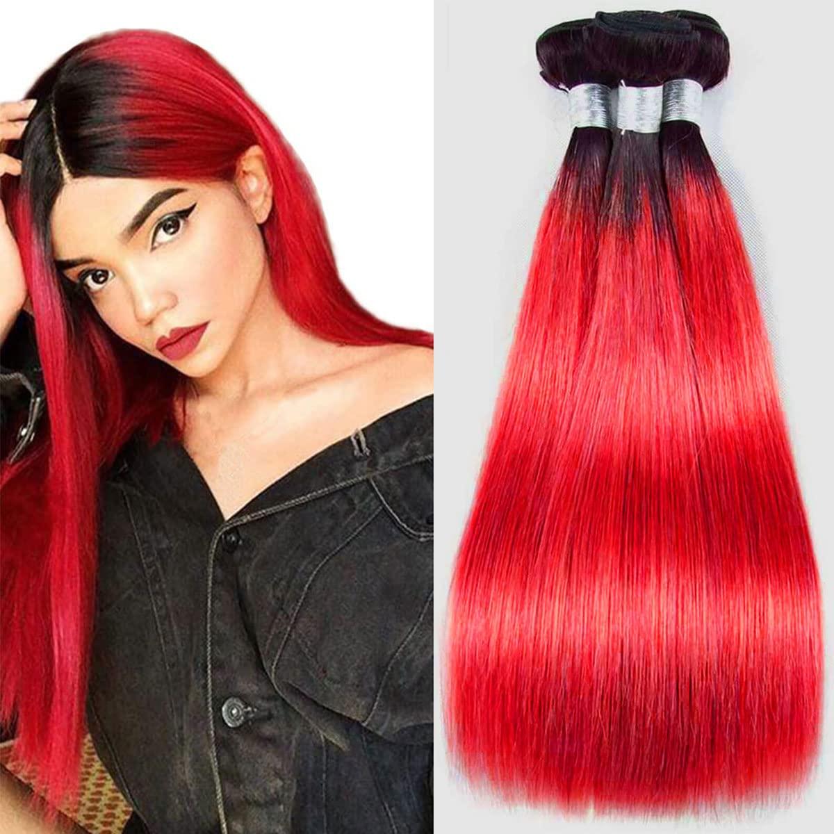 muaowig Red Human Hair Bundles Tow Tone Hair 3 Bundles Straight Ombre Red Bundles For Black Women Unprocessed Virgin Hair Weave 12 14 16 inch