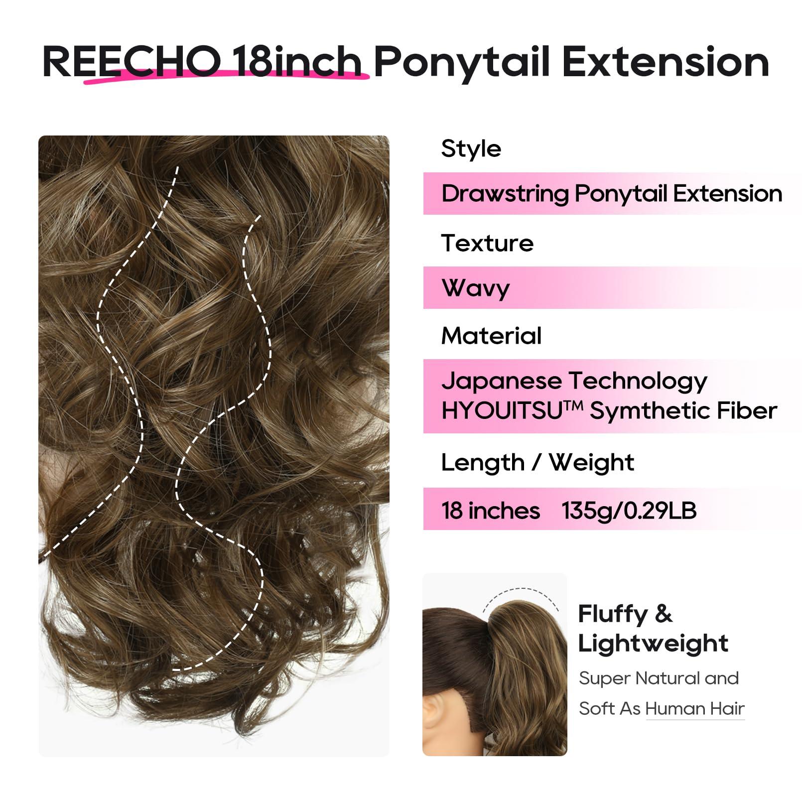 REECHO REECHO Ponytail Extension, 18 inch Drawstring Ponytail Hair Extensions Long Curly Wavy Clip in Pony Tail Synthetic Hairpiece for Women, Chocolate Brown with Highlights