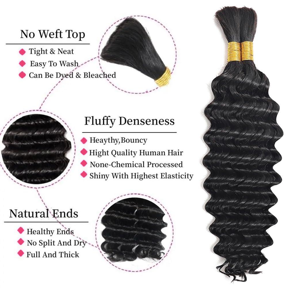 Cruslheep Human Braiding Hair 24 Inch Deep Wave Bulk Human Hair for Braiding No Weft 100% Unprocessed Curly Human Hair Braiding Hair Extensions for Boho Braids Wet and Wave 100g/Pack