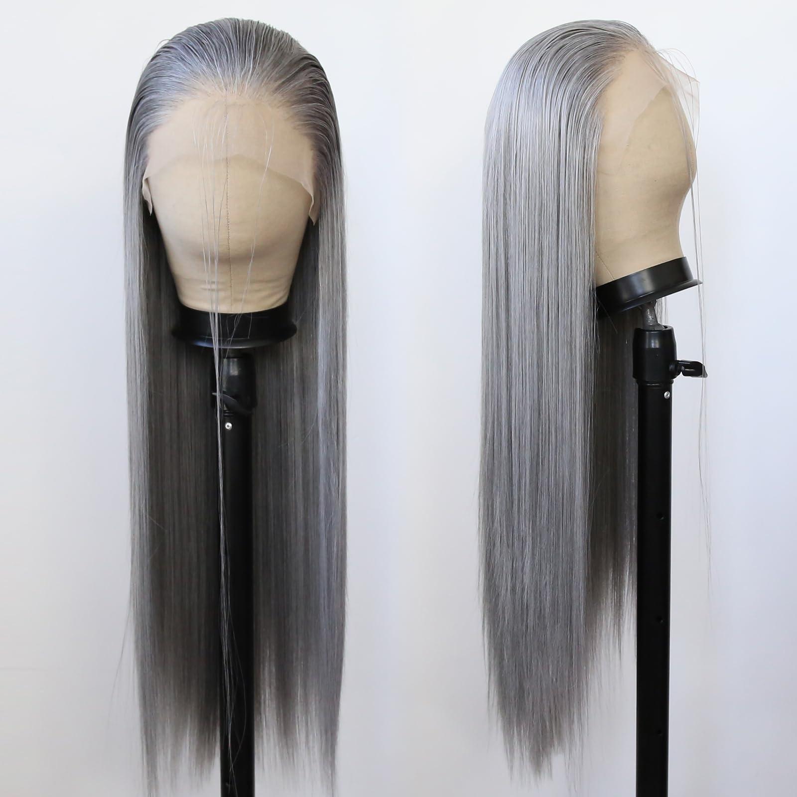 BTWTRY BTWTRY Gray Wig Long Straight Grandma Grey Synthetic Lace Front Wigs Pre Plucked Natural Hairline for Black Women Heat Resistant Fiber Hair Cosplay Daily Wear Wig (Grandma Grey)