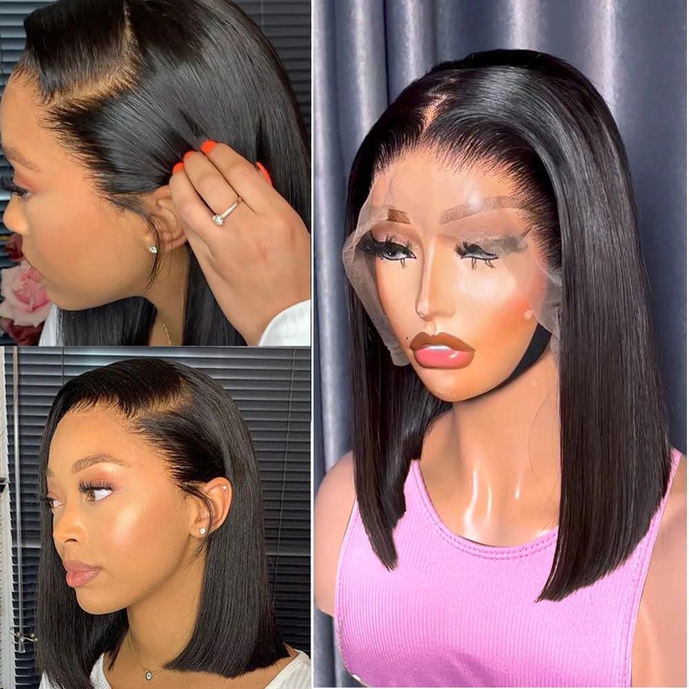 UWLK UWLK Bob Wig Lace Front Wigs Human Hair 13x4 Bob Frontal Wigs Human Hair Short Straight Bob Human Hair Wigs for Women 180% Density Hd Transparent Lace Frontal wig Pre Plucked with Baby Hair (14inch)
