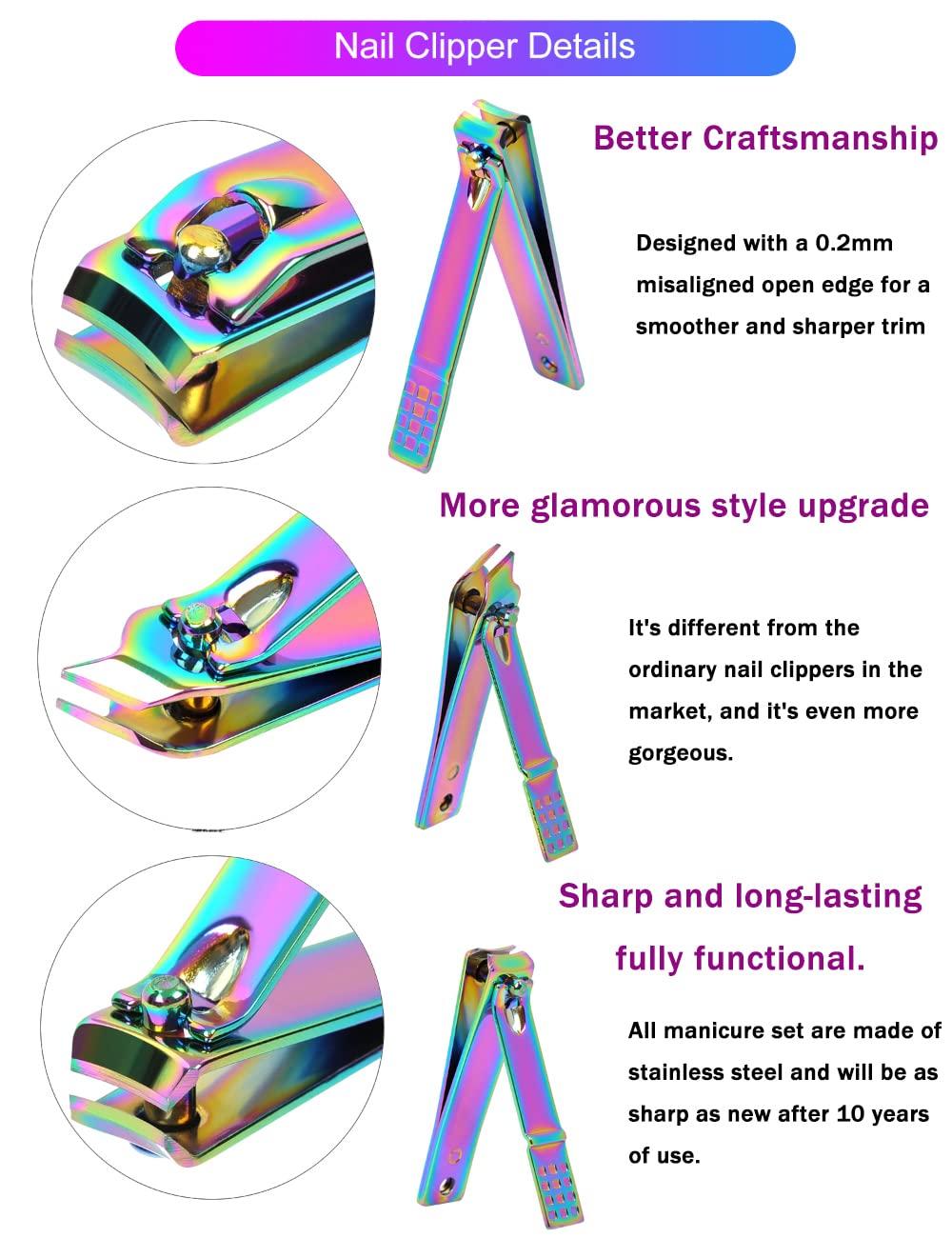 SFYDOM Manicure Set Professional Nail Clippers Kit Pedicure Care Tools- Stainless Steel Women Grooming Kit 18Pcs for Travel or Home (Dot Pattern - Rainbow)