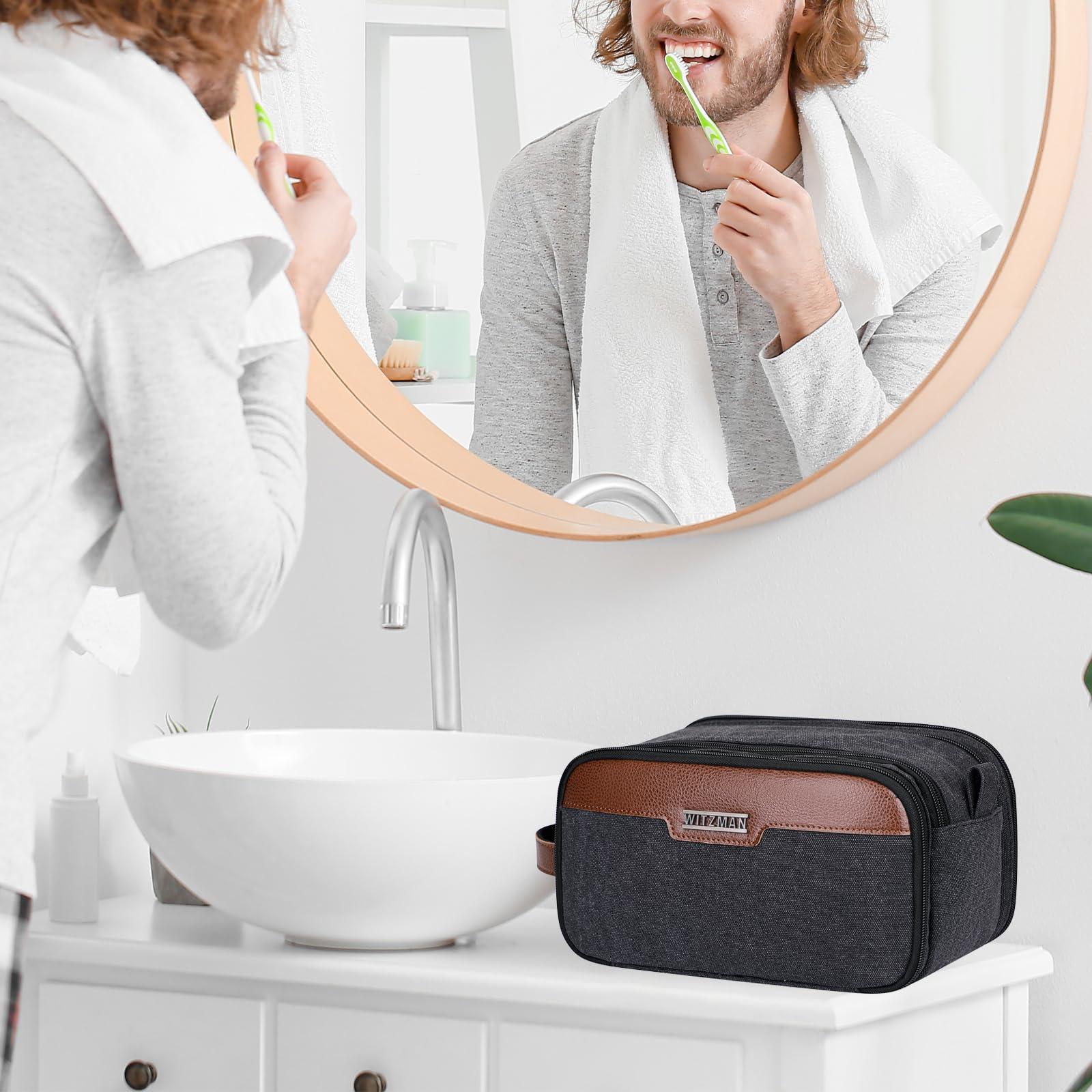 WITZMAN WITZMAN Canvas Toiletry Bag for Men Large Capacity Hanging Dopp kit for Men Leather Toiletries Water-resistant Bathroom Bag(A8002 Black)